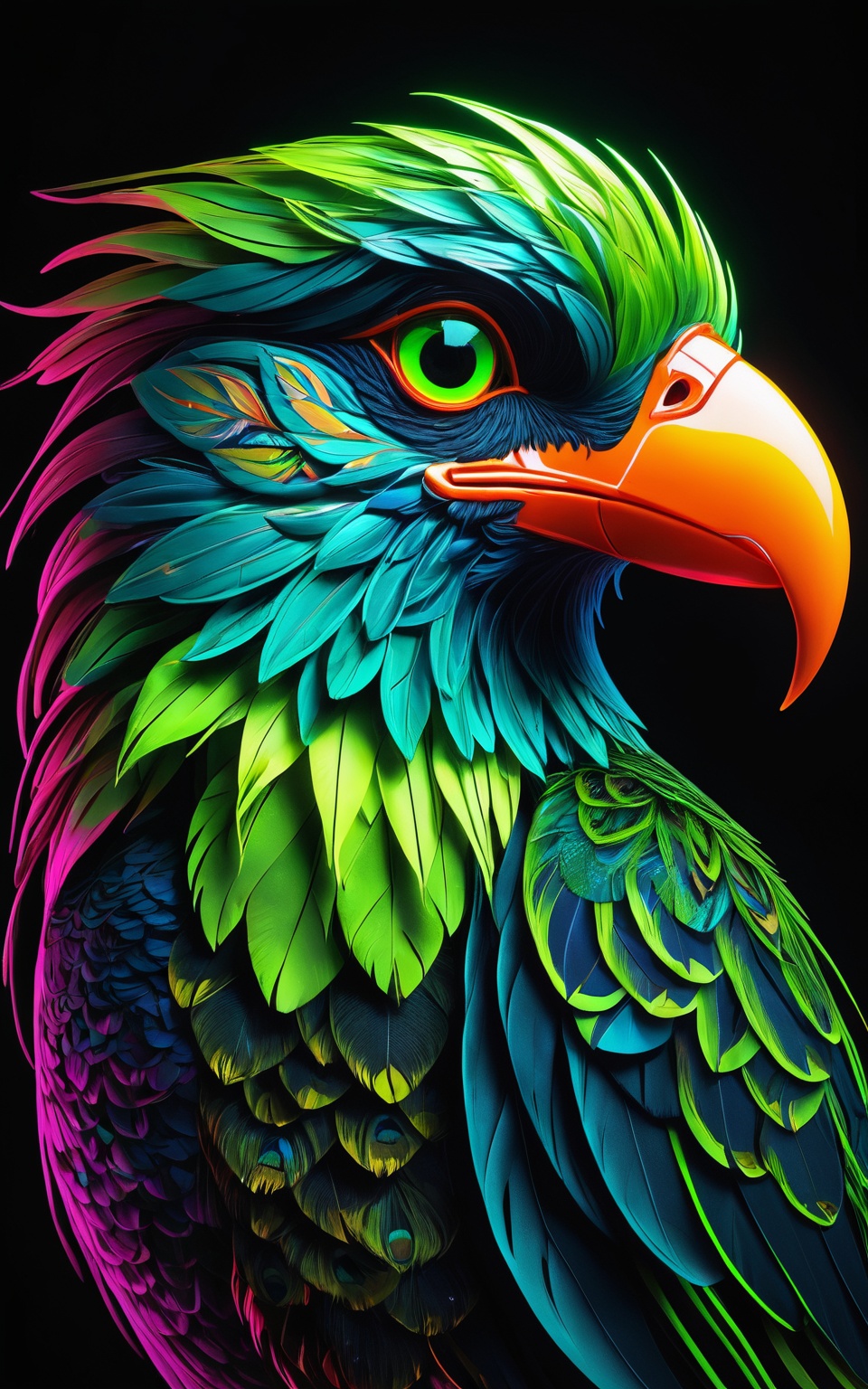 A vibrant and hyper-detailed portrait of a bird illuminated with neon light. The bird's feathers are adorned with intricat...