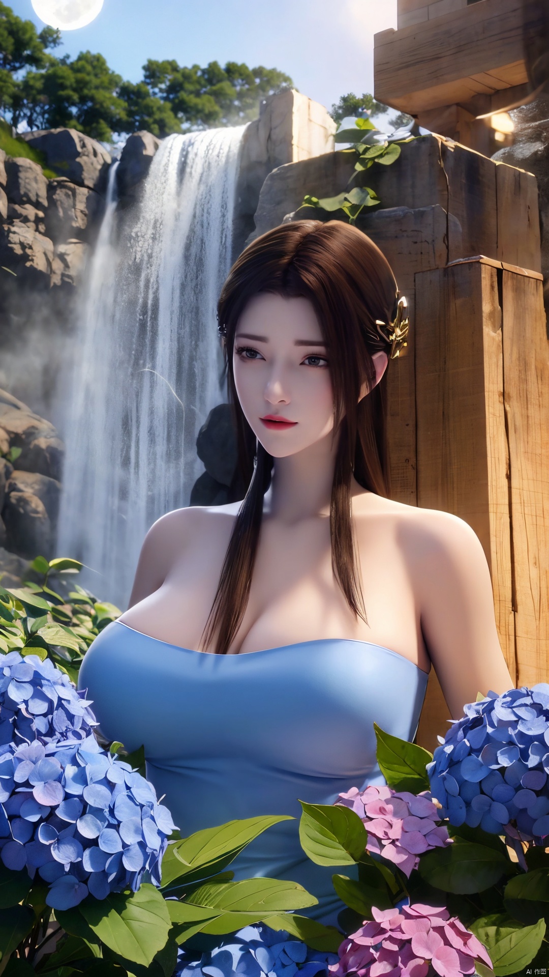 (masterpiece,best quality,official art),extremely detailed CG unity 8k wallpaper,1girl, upper body, light rays, light particles, waterfall, tree, clover,,(big breasts:1.29),  ,Xfengqinger,Xxiyouqin,Xliushen,X-Hydrangea,(Hydrangea:1.23),(daytime,full moon:1.23),Xdie,