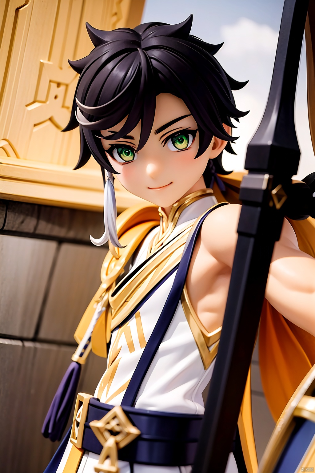 (masterpiece),(lighting),high contrast,high saturation, colorful, 
 1boy, shota, solo, looking at viewer, big muscles, muscular boy,sss, smile, bow (weapon), green eyes,