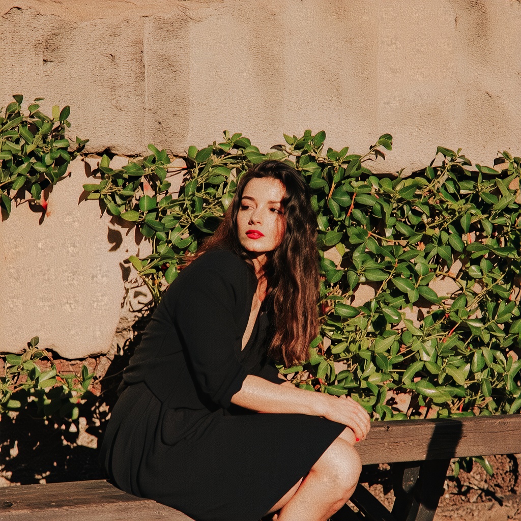 A solo portrait of a single girl,  positioned in a subtle candid moment,  sitting on a worn wooden bench with a weathered...