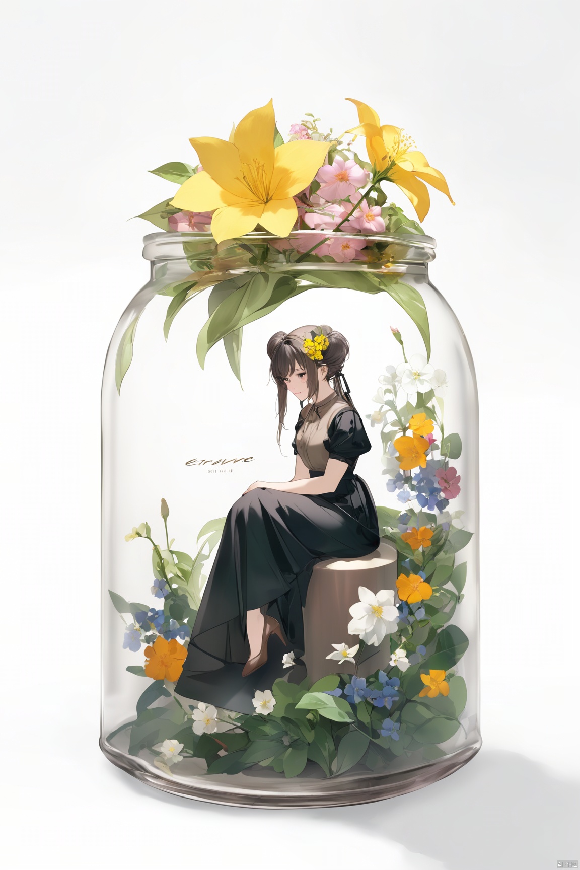 niji, anime ,realistic ,sketch,masterpiece, best quality, 1girl, in a jar, jar, simple background, full body, flower, sitting,erune,