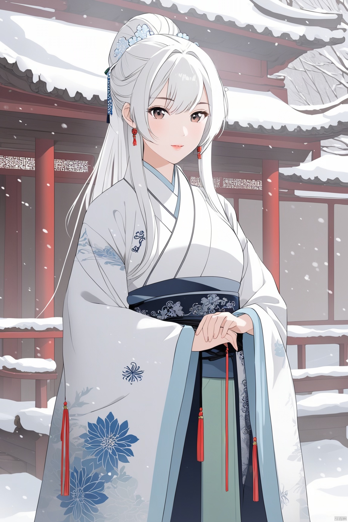  Snow,outdoor,white hair,1girl,upper body,hanfu,looking at viewer,hand on hip,