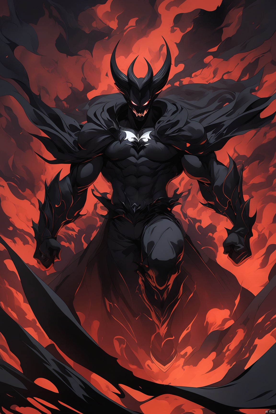 Black. Ultra High Definition. J horror anime style. A anime demon standing in the air, featuring black smoke, navy and light black styles, superheroes, anime gifts, chaotic forms, shadow masters, multi-level characters, and close-up intensity. 4K resolution