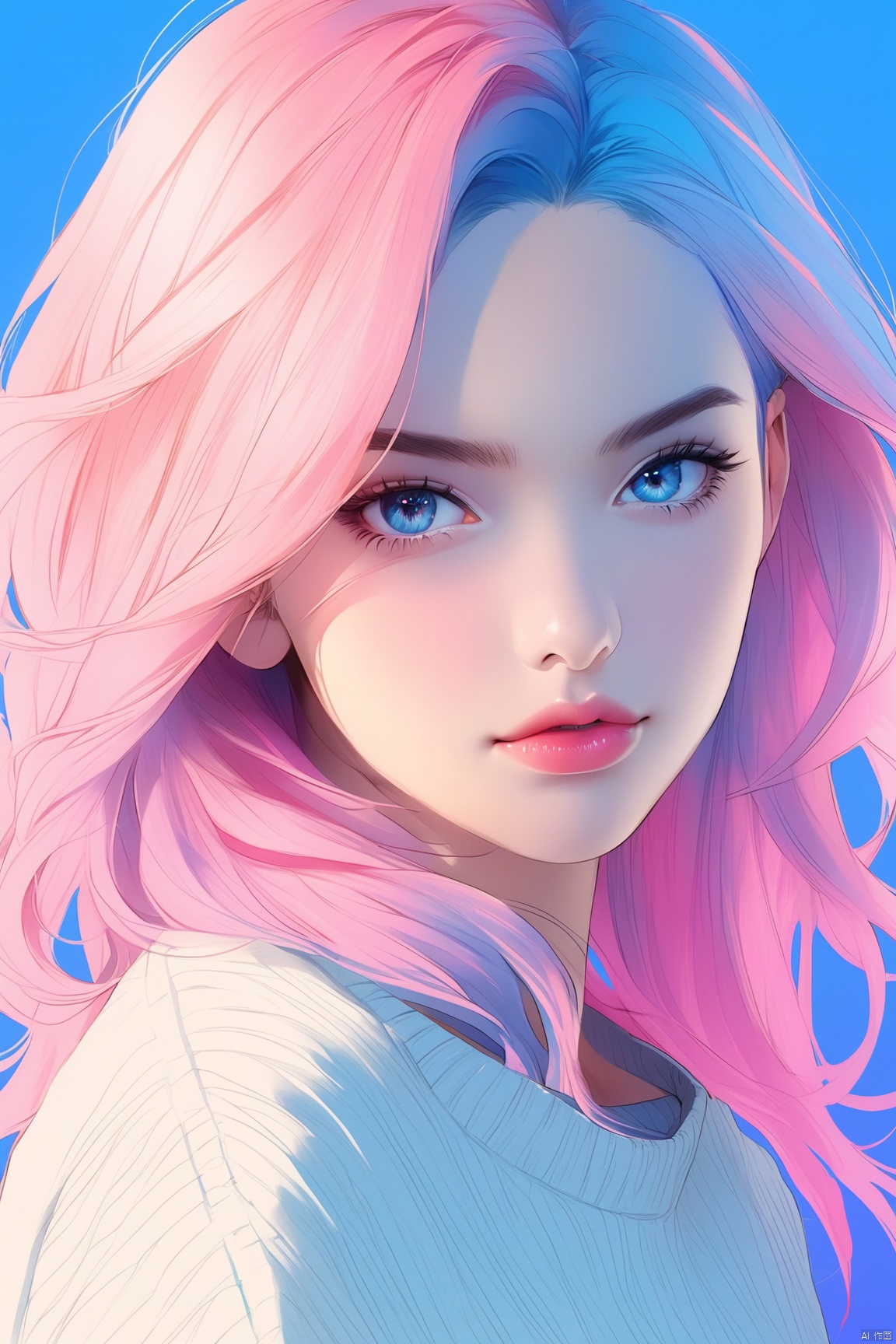 niji style, anime ,realistic ,sketch, 1girl, lip, Sweater,order, Blue gradient background, Neon hair,Textured crop, Canadian , masterpiece,best quality,