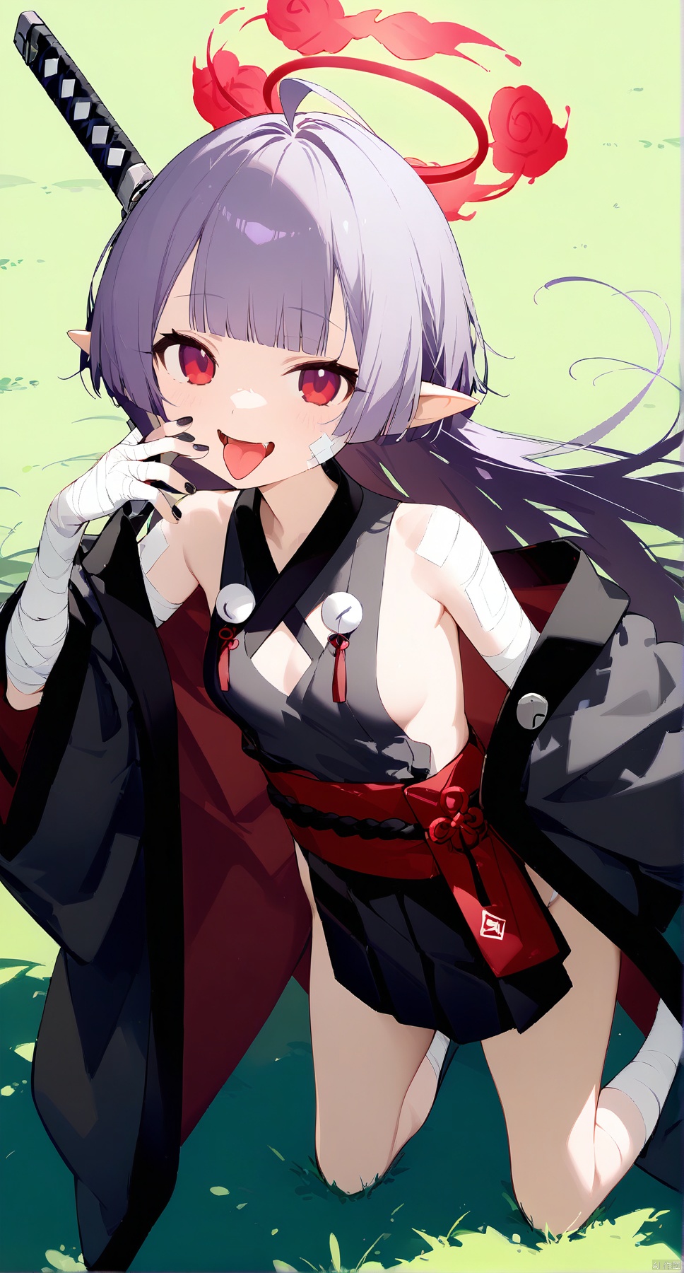 1girl,solo,(masterpiece:1.3),( beautiful:1.2),(high quality:1.2),(finely detailed:1.2),extremely detailed cg unity 8k wallpaper,best quality,a very delicate and beautiful,perfect fingers,(one cute girl at the center:1.2),

1girl, solo, long hair, breasts, looking at viewer, smile, open mouth, bangs,red eyes,  bare shoulders, purple eyes, jacket, weapon, purple hair, ahoge, small breasts, japanese clothes, open clothes, sleeveless, tongue, pointy ears, sword, tongue out, wide sleeves, blunt bangs, off shoulder, nail polish, sash, sideboob, halo, bandages, black nails, bandaid, bandaged arm, weapon on back, akanbe , loli, (full body), lawn,blue sky