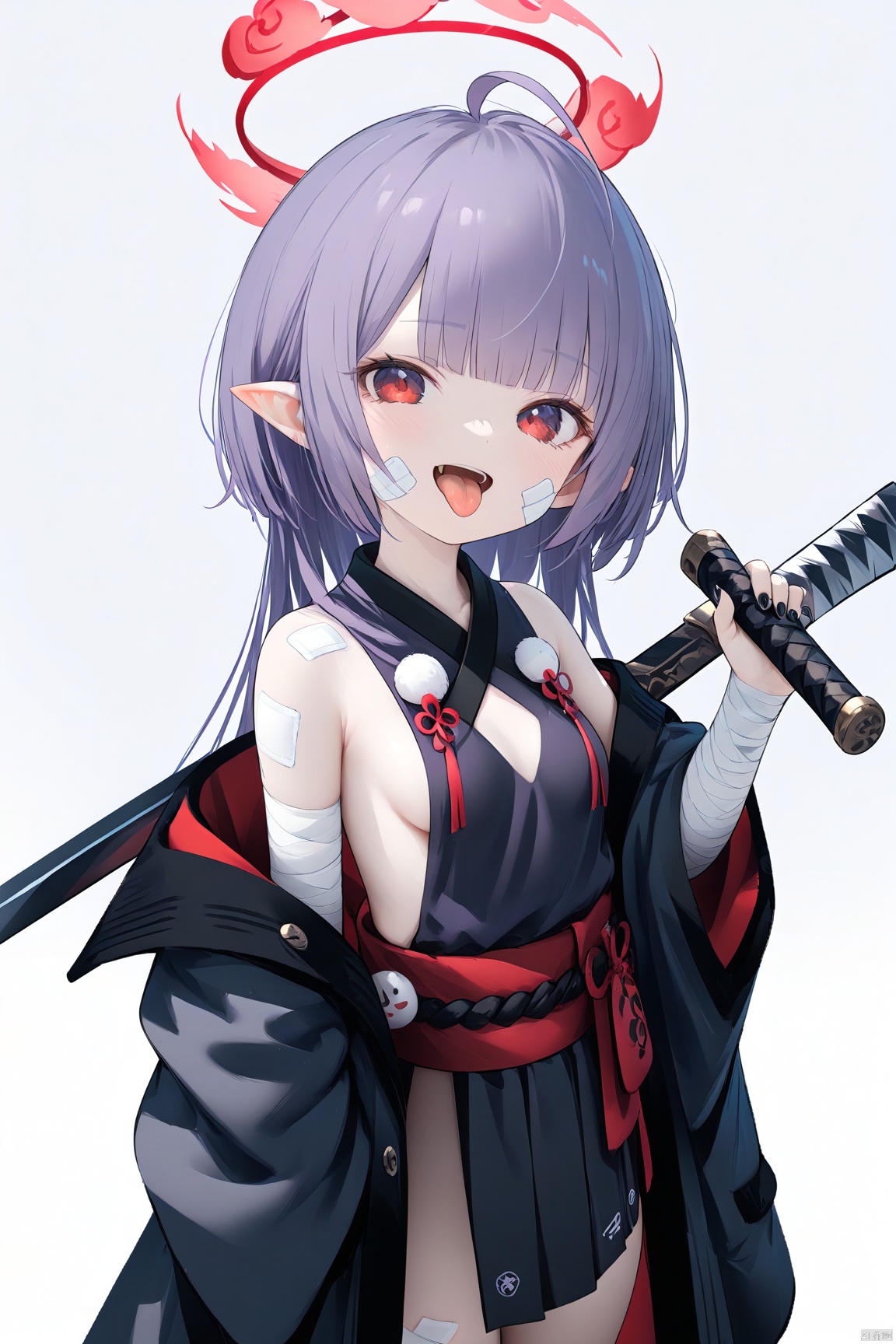 1girl,solo,(masterpiece:1.3),( beautiful:1.2),(high quality:1.2),(finely detailed:1.2),extremely detailed cg unity 8k wallpaper,best quality,a very delicate and beautiful,perfect fingers,(one cute girl at the center:1.2),

1girl, solo, long hair, breasts, looking at viewer, smile, open mouth, bangs, simple background, red eyes, white background, bare shoulders, purple eyes, jacket, weapon, purple hair, ahoge, small breasts, japanese clothes, open clothes, sleeveless, tongue, pointy ears, sword, tongue out, wide sleeves, blunt bangs, off shoulder, nail polish, sash, sideboob, halo, bandages, black nails, bandaid, bandaged arm, weapon on back, akanbe 