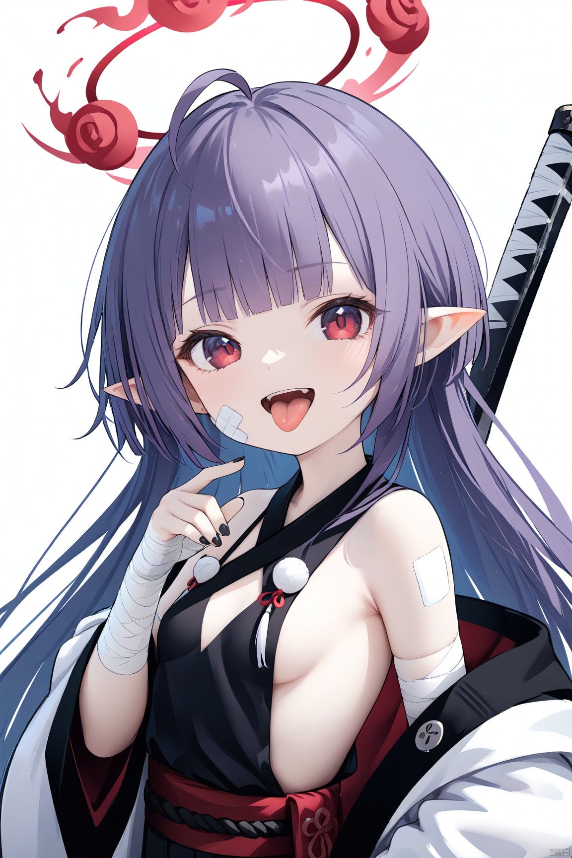 1girl,solo,(masterpiece:1.3),( beautiful:1.2),(high quality:1.2),(finely detailed:1.2),extremely detailed cg unity 8k wallpaper,best quality,a very delicate and beautiful,perfect fingers,

1girl, solo, long hair, breasts, looking at viewer, smile, open mouth, bangs, simple background, red eyes, white background, bare shoulders, purple eyes, jacket, weapon, purple hair, ahoge, small breasts, japanese clothes, open clothes, sleeveless, tongue, pointy ears, sword, tongue out, wide sleeves, blunt bangs, off shoulder, nail polish, sash, sideboob, halo, bandages, black nails, bandaid, bandaged arm, weapon on back, akanbe 