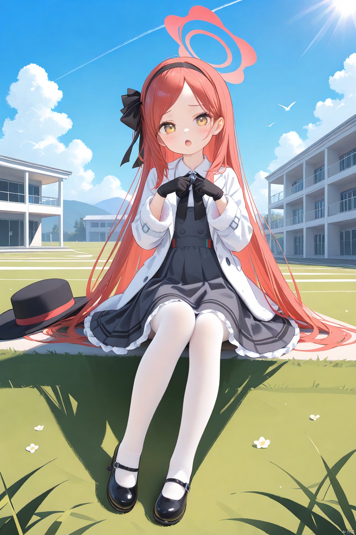 1girl,solo,(masterpiece:1.3),( beautiful:1.2),(high quality:1.2),(finely detailed:1.2),extremely detailed CG unity 8k wallpaper,best quality,a very delicate and beautiful,perfect fingers,(one cute girl at the center:1.2),loli,

side swept bangs, forehead,1girl, solo, long hair, looking at viewer, blush, open mouth, bangs, skirt, simple background, shirt, gloves, long sleeves, ribbon, sitting, very long hair, jacket, full body, hair ribbon, yellow eyes, pantyhose, red hair, hairband, frills, shoes, black gloves, black footwear, feet, toes, halo, no shoes, soles, white jacket, mary janes, white pantyhose, shoes removed, single shoe,
  parted_lips, outdoors, blue sky,sunlight, clouds, school building,lawn, looking_at_viewer, shadow,  standing,takaneBA