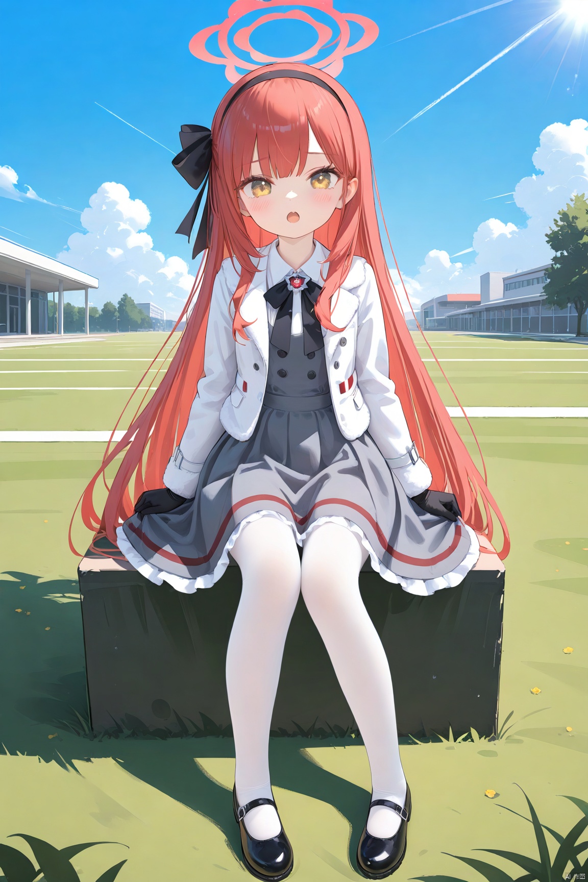 1girl,solo,(masterpiece:1.3),( beautiful:1.2),(high quality:1.2),(finely detailed:1.2),extremely detailed CG unity 8k wallpaper,best quality,a very delicate and beautiful,perfect fingers,(one cute girl at the center:1.2),loli,

1girl, solo, long hair, looking at viewer, blush, open mouth, bangs, skirt, simple background, shirt, gloves, long sleeves, ribbon, sitting, very long hair, jacket, full body, hair ribbon, yellow eyes, pantyhose, red hair, hairband, frills, shoes, black gloves, black footwear, feet, toes, halo, no shoes, soles, white jacket, mary janes, white pantyhose, shoes removed, single shoe,
  parted_lips, outdoors, blue sky,sunlight, clouds, school building,lawn, looking_at_viewer, shadow,  standing,takaneBA