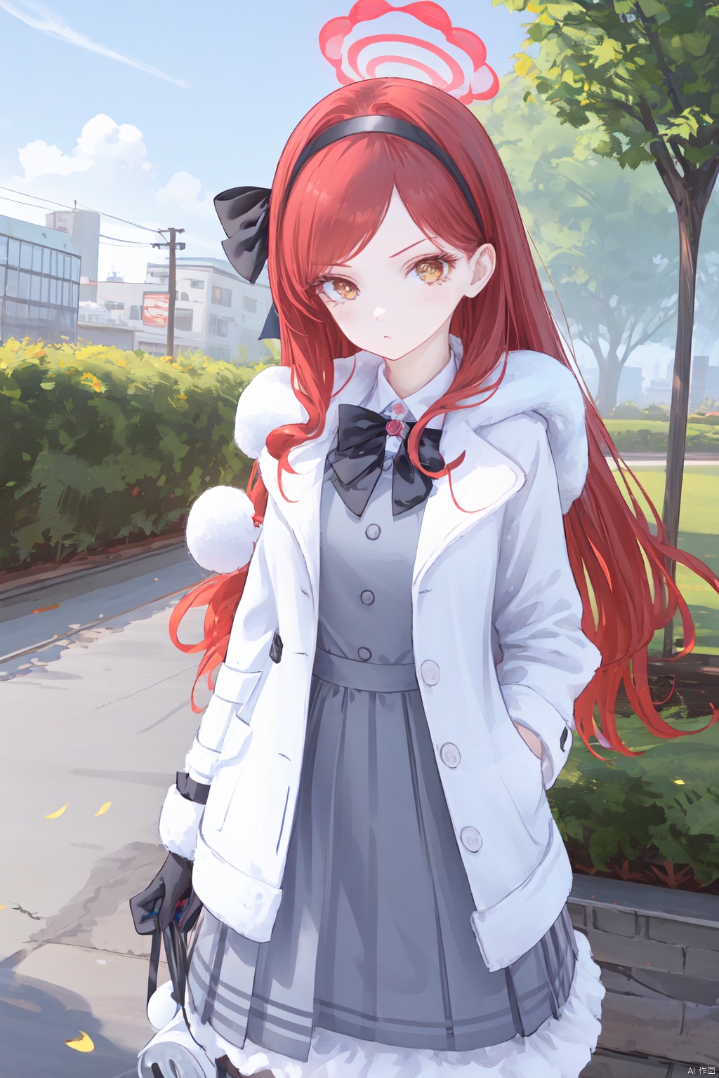 1girl,solo,(masterpiece:1.3),( beautiful:1.2),(high quality:1.2),(finely detailed:1.2),extremely detailed CG unity 8k wallpaper,best quality,a very delicate and beautiful,perfect fingers,(one cute girl at the center:1.2),loli,

 long hair, bangs, shirt, gloves, long sleeves, dress, bow, brown eyes, very long hair, jacket, hair bow, pantyhose, (red hair), hairband, frills, open clothes, black gloves, collared shirt, fur trim, black bow, (halo), white jacket, black hairband, puffy long sleeves, white pantyhose, pleated dress, grey dress,  parted_lips, outdoors, blue sky,sunlight, clouds, school building,lawn, looking_at_viewer, shadow,  standing,takaneBA