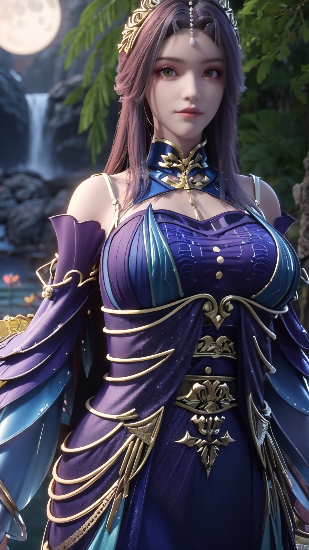 （masterpiece,best quality,official art）,extremely detailed CG unity 8k wallpaper,1girl, upper body, purple hair, light rays, light particles, waterfall, tree, clover,,(big breasts:1.39),  ,Xfengqinger,Xxiyouqin,Xliushen,X-Hydrangea,Hydrangea,full moon,Xlongnv