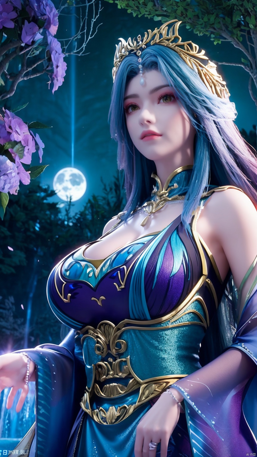 （masterpiece,best quality,official art）,extremely detailed CG unity 8k wallpaper,1girl, upper body, cyan hair, light rays, light particles, waterfall, tree, clover,,(big breasts:1.39),  ,Xfengqinger,Xxiyouqin,Xliushen,X-Hydrangea,Hydrangea,full moon,Xlongnv,Xyunxi