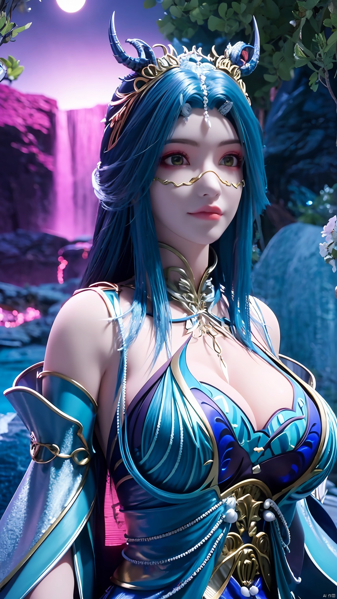 （masterpiece,best quality,official art）,extremely detailed CG unity 8k wallpaper,1girl, upper body, cyan hair, light rays, light particles, waterfall, tree, clover,,(big breasts:1.39),  ,Xfengqinger,Xxiyouqin,Xliushen,X-Hydrangea,Hydrangea,full moon,Xlongnv,Xyunxi