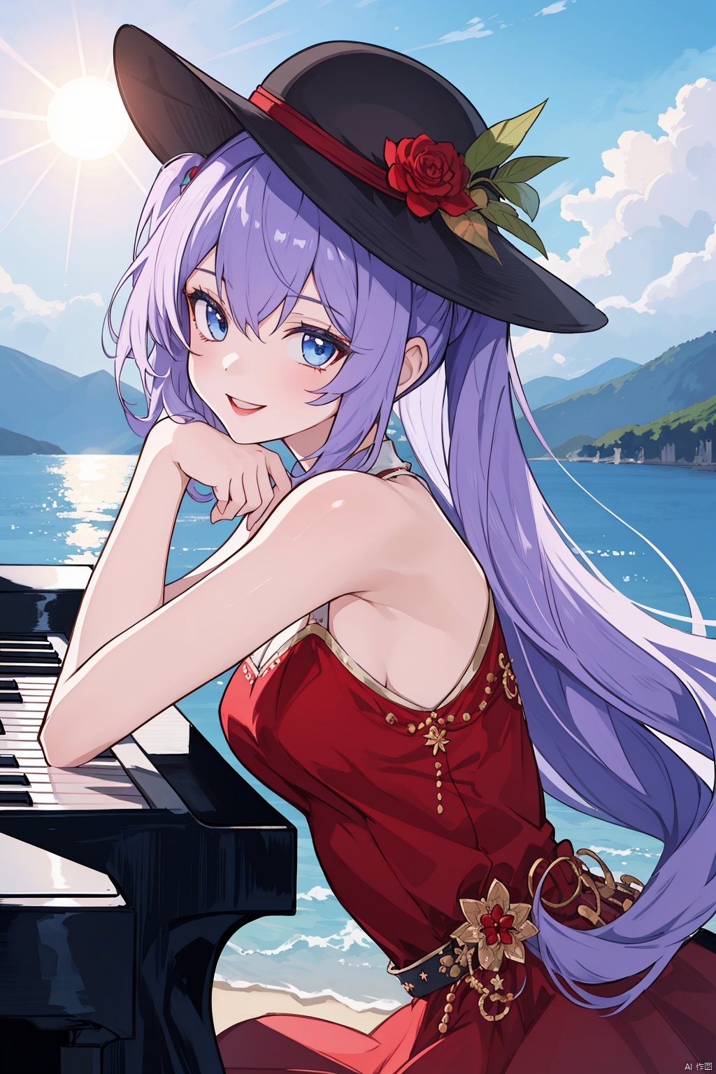 best quality, high definition, masterpiece:1.2, Illustration, sun, 1girl,solo,upperbody, waiting for kiss, looking at viewer, happy,hat,red_dress ,long_hair,piano,1