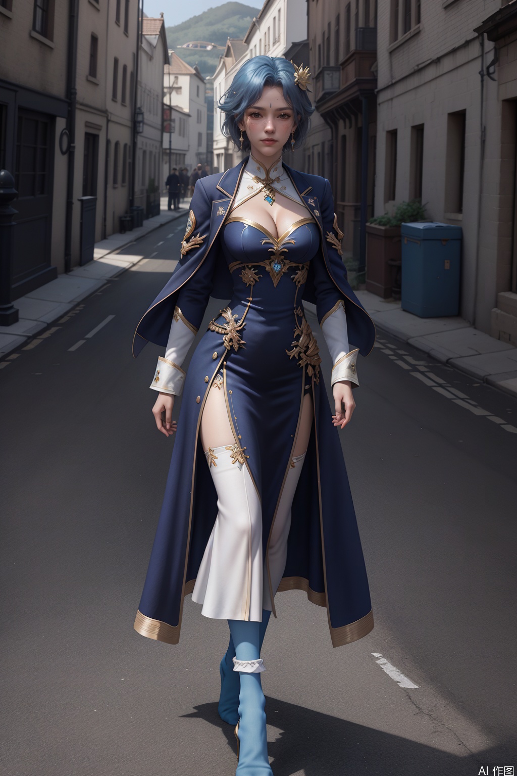 masterpiece,bestquaily,3D,3D Realism,3D Render,4K,8K  wallpaper,HDR,Movie-level lighting, high-precision rendering,,,,,1girl,solo,blue eyes,short hair,blue hair,hair ornament,jewelry,earrings,White lining, cleavage,uniform,Black silk long leg socks,Blue robe,staff,large breast,lanyanyu