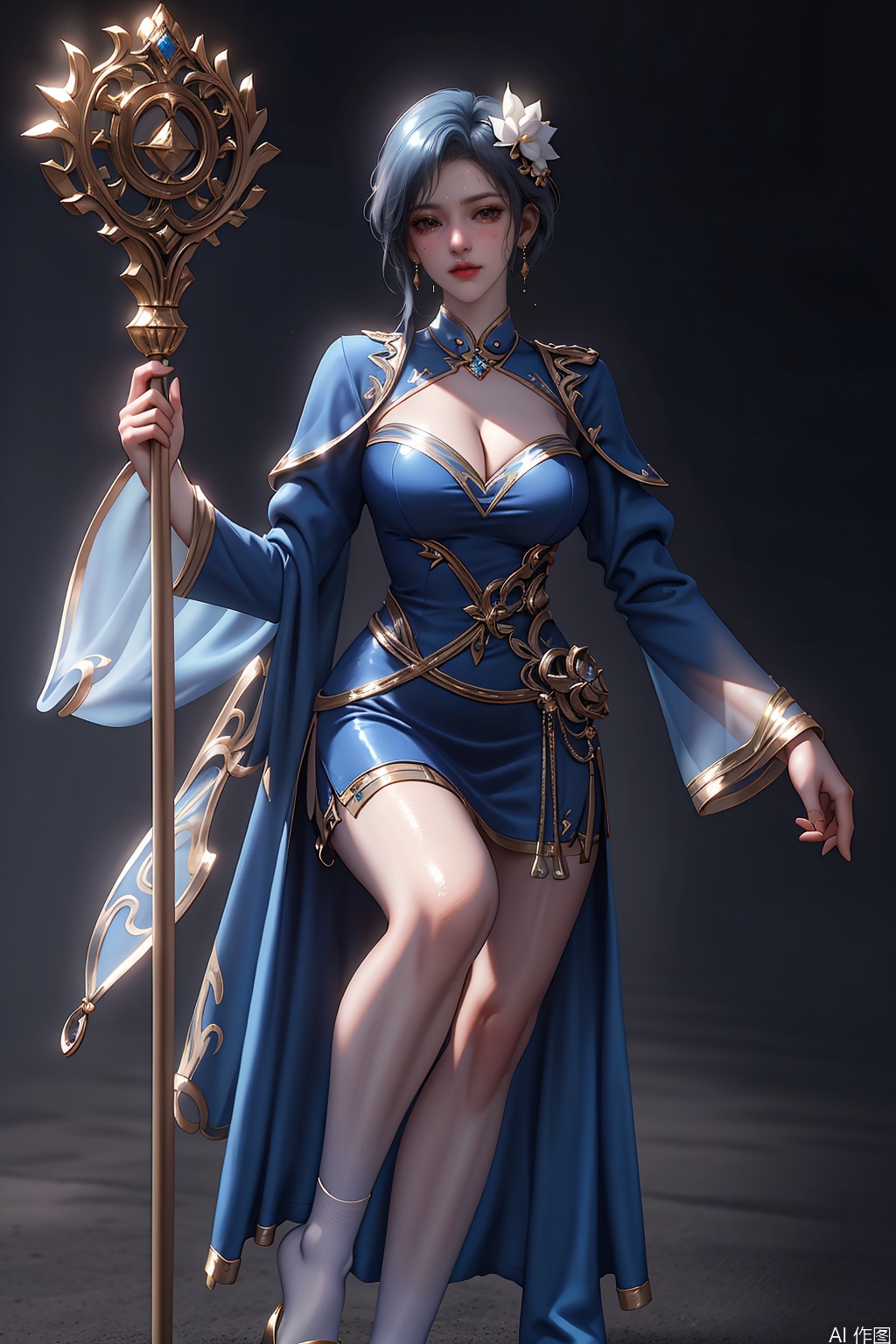 masterpiece,bestquaily,3D,3D Realism,3D Render,4K,8K  wallpaper,HDR,Movie-level lighting, high-precision rendering,,,,,1girl,solo,blue eyes,short hair,blue hair,hair ornament,jewelry,earrings,White lining, cleavage,uniform,Black silk long leg socks,Blue robe,staff,large breast,lanyanyu