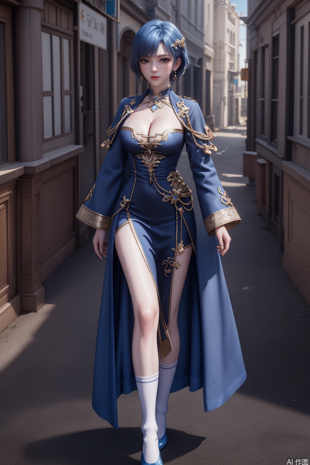 masterpiece,bestquaily,3D,3D Realism,3D Render,4K,8K  wallpaper,HDR,Movie-level lighting, high-precision rendering,,,,,1girl,solo,blue eyes,short hair,blue hair,hair ornament,jewelry,earrings,White lining, cleavage,uniform,Black silk long leg socks,Blue robe,staff,large breast,lanyanyu