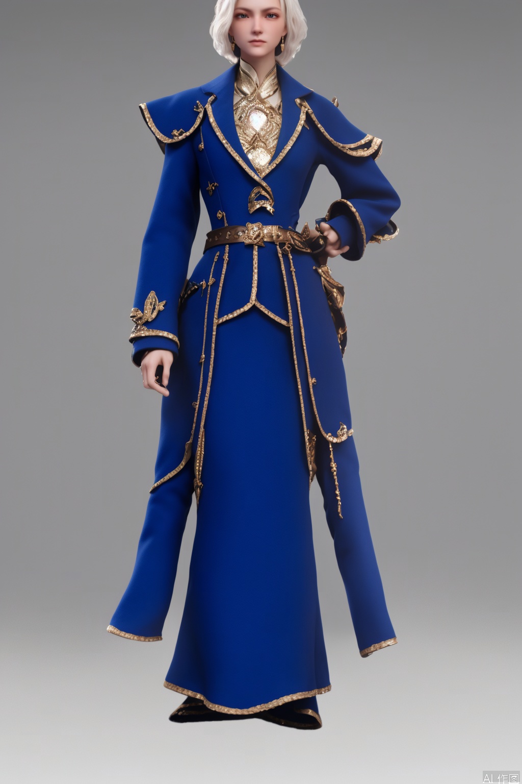 masterpiece,bestquaily,3D,3D Realism,3D Render,4K,8K  wallpaper,HDR,Movie-level lighting, high-precision rendering,,,,,1girl,solo,blue eyes,short hair,blue hair,hair ornament,jewelry,earrings,White lining, cleavage,uniform,Black silk long leg socks,Blue robe,staff,large breast,lanyanyu
