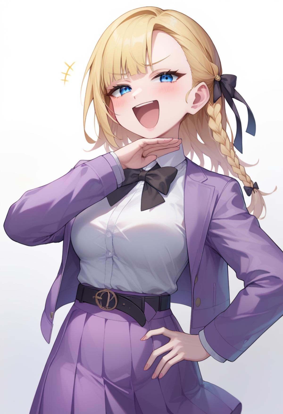 score_9,score_8_up,score_7_up,<lora:ojou-sama_pose _pony:1>,1girl, solo, blue eyes, braid, long hair, jacket, blonde hair, smile, white background, ojou-sama pose, open mouth, looking at viewer, belt, blush, long sleeves, simple background, skirt, ribbon, bow, hair ribbon, hand on own hip, school uniform, smug, blunt bangs, black belt, black bow, bowtie, hand up, side braid, black ribbon, :d, purple jacket, shirt, purple skirt, single braid, open jacket, black bowtie, dress, purple dress, pleated skirt