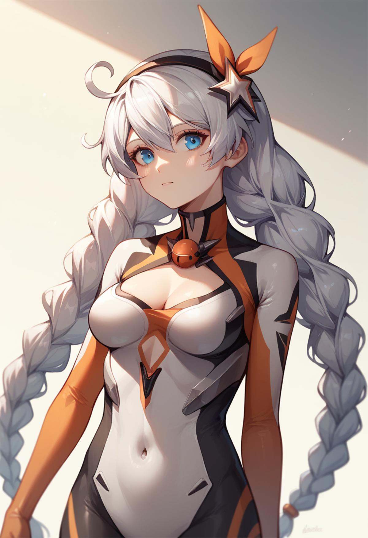 score_9,score_8_up,score_7_up,<lora:benghua3_pony:1>,kiana_kaslana_(white_comet),silver hair,very long hair,twin braids,ahoge,bangs,blue eyes,medium breasts,bodysuit,hairband,cleavage cutout,hair ornament,