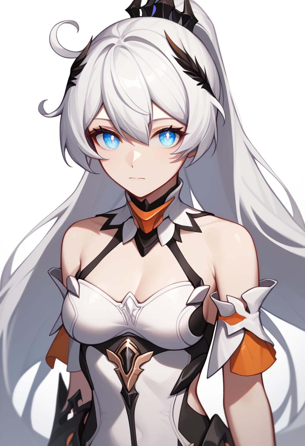 score_9,score_8_up,score_7_up,<lora:benghua3_pony:1>,1girl, kiana_kaslana_\(herrscher_of_flamescion\), solo, very_long_hair, white_hair, ahoge, ponytail, medium_breasts, absurdres, highres, +_+, armored_dress, bare_shoulders, blue_eyes, closed_mouth, looking_at_viewer, no_nose, simple_background, white_background