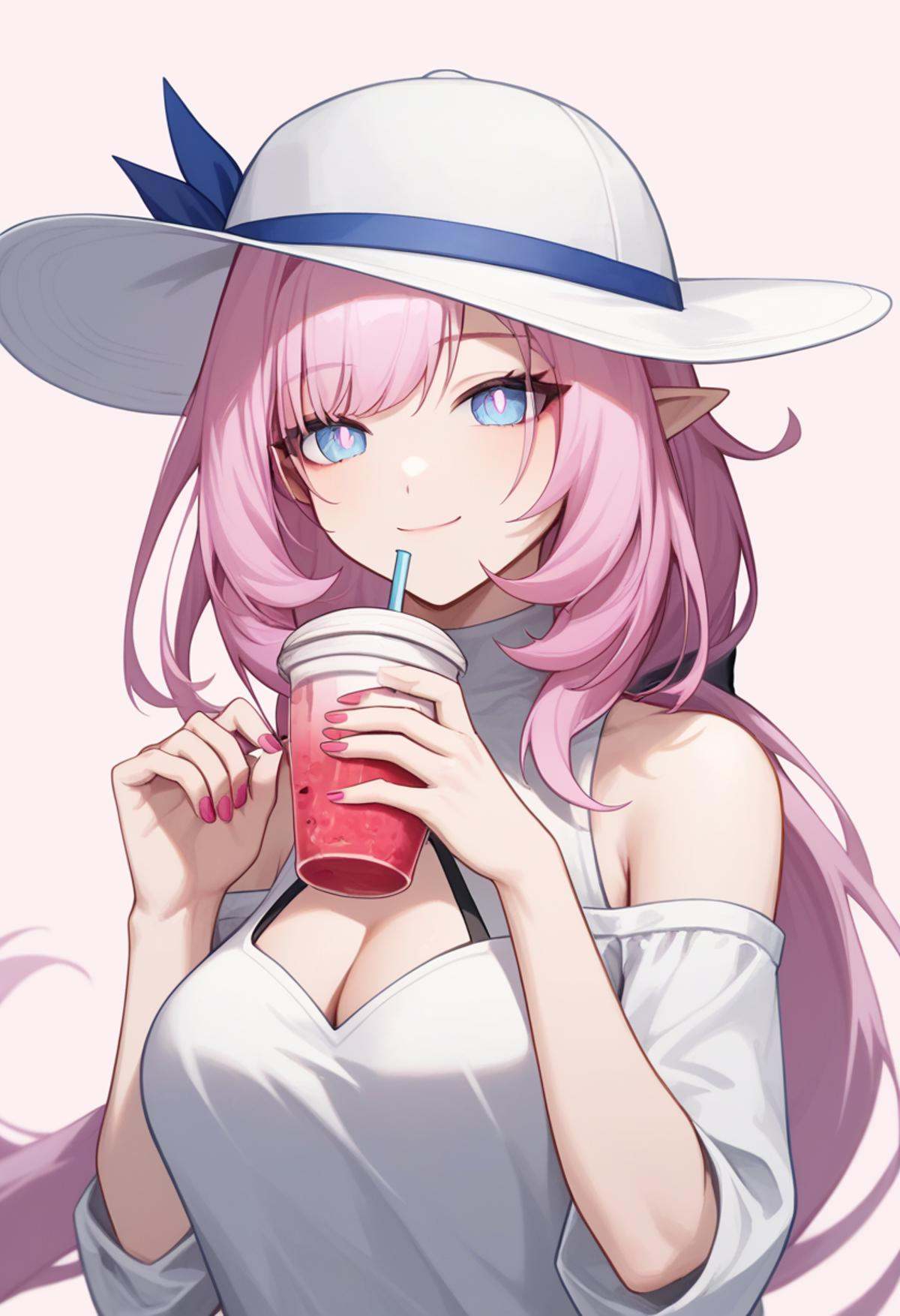 score_9,score_8_up,score_7_up,<lora:benghua3_pony:1>,1girl, elysia_\(honkai_impact\), solo, upper_body, hands_up, holding_cup, smile, long_hair, pink_hair, medium_breasts, cleavage_cutout, highres, bare_shoulders, blue_eyes, closed_mouth, disposable_cup, drinking_straw, english_commentary, nail_polish, pink_nails, simple_background, tilted_headwear, white_background, white_hat, white_shirt