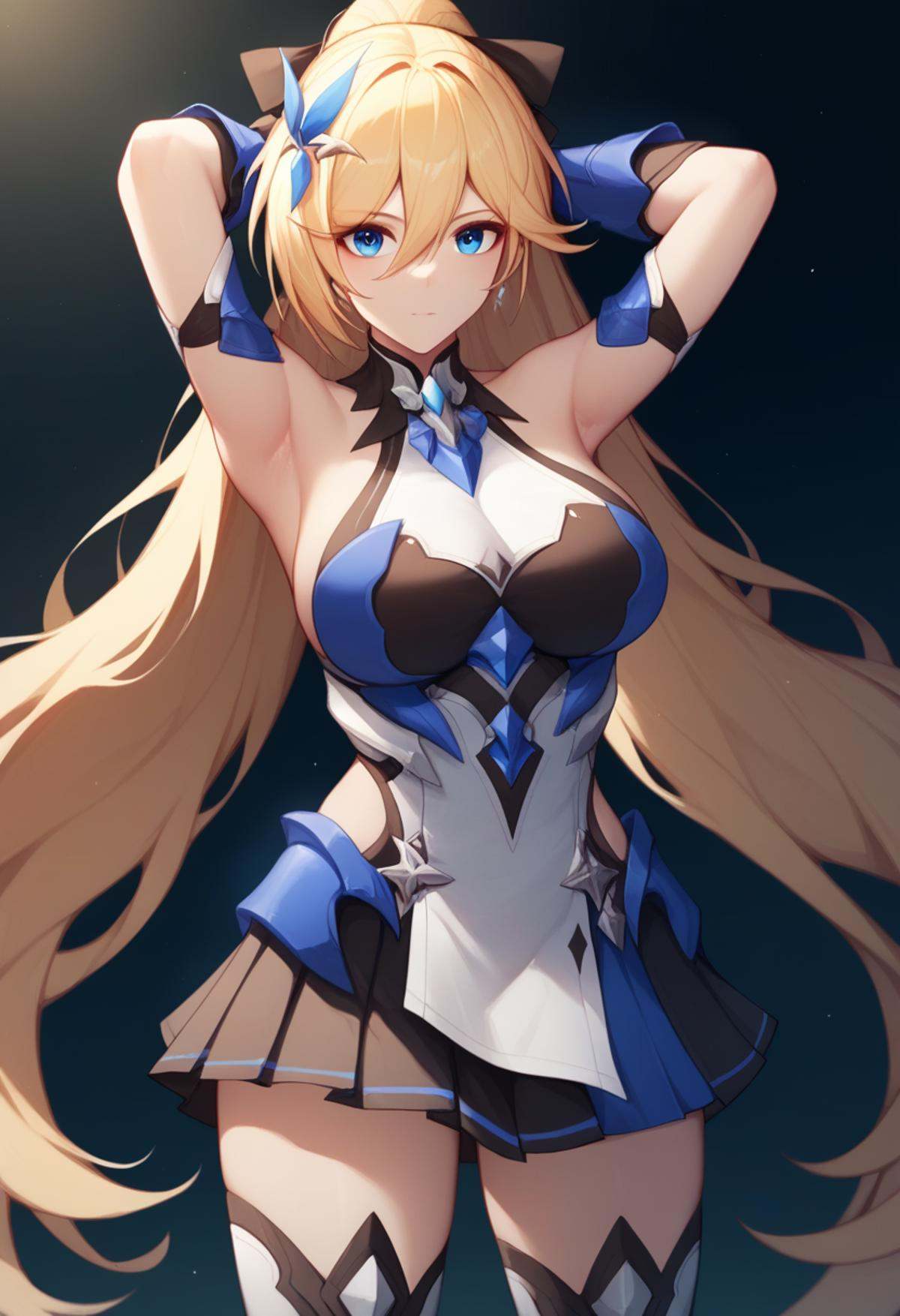 score_9,score_8_up,score_7_up,<lora:benghua3_pony:1>,1girl, solo, cowboy_shot, arms_up, standing, blonde_hair, very_long_hair, hair_ornament, large_breasts, armpits, thighhighs, absurdres, highres, armored_dress, arms_behind_head, bianka_durandal_ataegina_\(bright_knight:_excelsis\), black_ribbon, blue_eyes, breastplate, commentary_request, gauntlets, hair_between_eyes, hair_ribbon, looking_at_viewer, photoshop_\(medium\), pleated_skirt