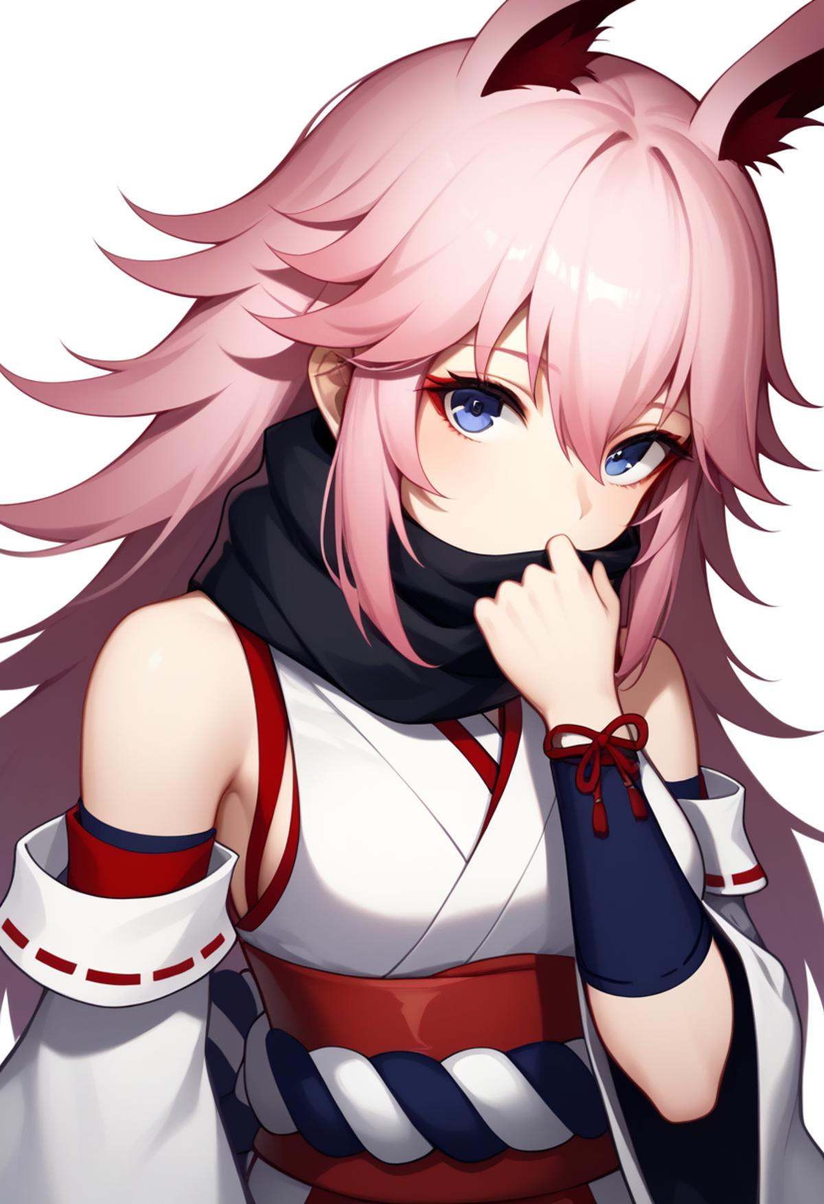 score_9,score_8_up,score_7_up,<lora:benghua3_pony:1>,1girl, yae_sakura_\(gyakushinn_miko\), solo, long_hair, pink_hair, kimono, ribbon-trimmed_sleeves, vambraces, katana, highres, black_scarf, blue_eyes, commentary_request, covered_mouth, detached_sleeves, fox_ears, fox_mask, hair_flaps, looking_at_viewer, obi, white_background, wide_sleeves