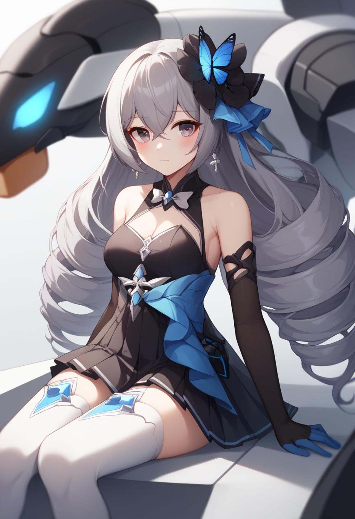 score_9,score_8_up,score_7_up,<lora:benghua3_pony:1>,1girl,bronya_zaychik_\(herrscher_of_reason\),solo,sitting,blush,grey_hair,very_long_hair,medium_breasts,cleavage,earrings,depth_of_field,highres,animal,bare_shoulders,black_dress,black_flower,black_gloves,blue_butterfly,blue_ribbon,blurry_background,closed_mouth,commentary_request,elbow_gloves,gem,glint,glowing_eye,hair_between_eyes,hair_flower,hair_ribbon,high_heel_boots,looking_at_viewer,mecha,photoshop_\(medium\),pleated_dress,project_bunny,purple_eyes,sleeveless_dress,thigh_boots,twin_drills,white_footwear,white_thighhighs,