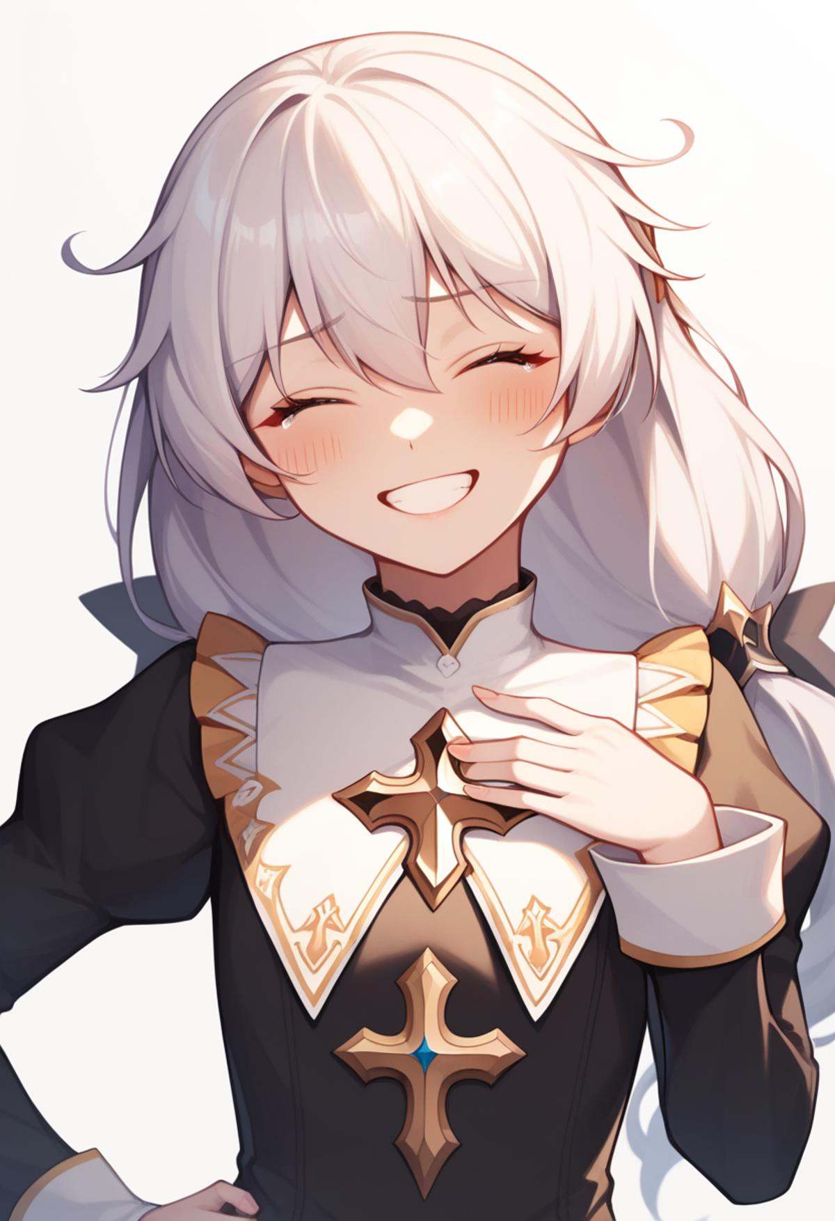 score_9,score_8_up,score_7_up,<lora:benghua3_pony:1>,1girl,theresa_apocalypse_\(valkyrie_pledge\),nun,solo,cowboy_shot,upper_body,blush,grin,long_hair,white_hair,absurdres,highres,:d,black_dress,closed_eyes,commentary_request,hair_between_eyes,hand_on_own_chest,hand_on_own_hip,long_sleeves,photoshop_\(medium\),simple_background,tearing_up,white_background,