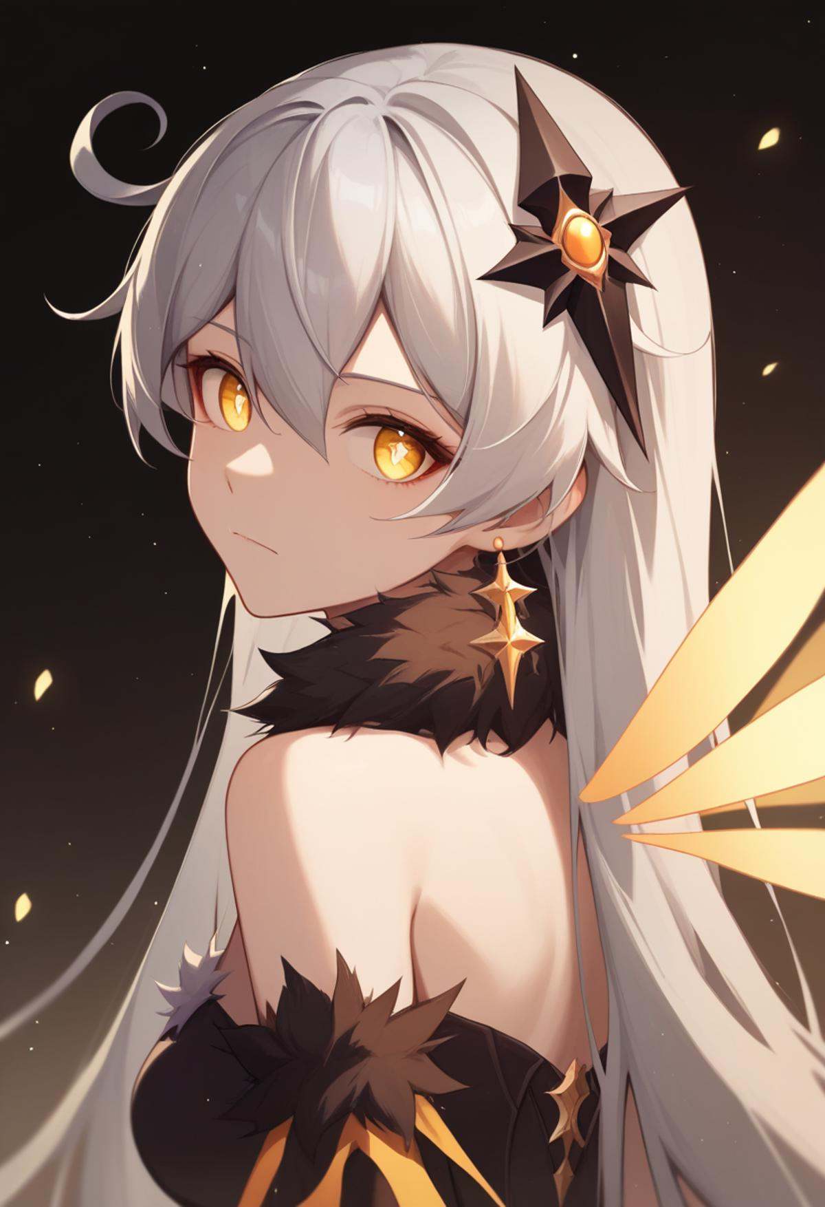 score_9,score_8_up,score_7_up,<lora:benghua3_pony:1>,1girl,kiana_kaslana_\(herrscher_of_the_void\),solo,portrait,from_side,expressionless,grey_hair,long_hair,hair_ornament,portal_\(object\),absurdres,highres,bare_shoulders,closed_mouth,commentary_request,crosshair_pupils,dark_persona,energy_wings,fur-trimmed_dress,hair_between_eyes,light_particles,looking_at_viewer,purple_gemstone,yellow_eyes,yellow_gemstone,
