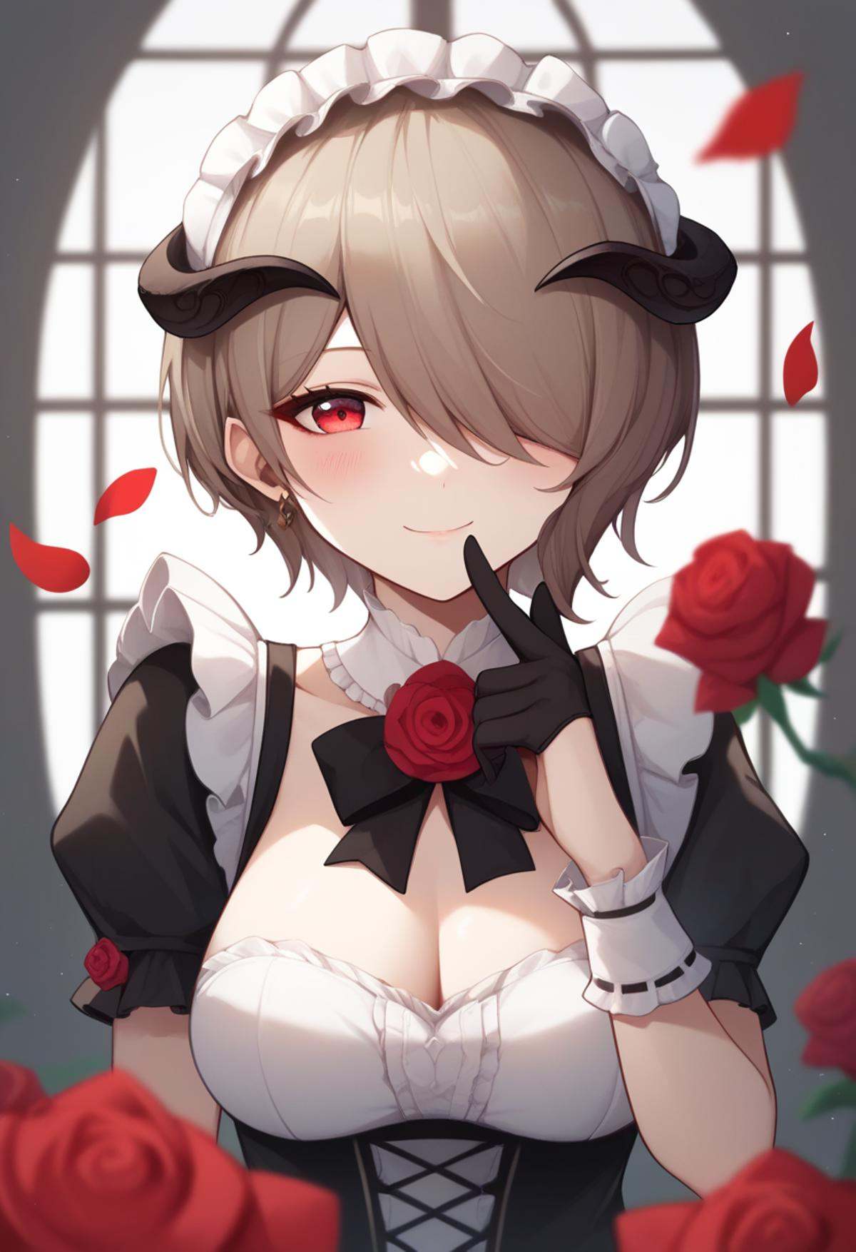 score_9,score_8_up,score_7_up,<lora:benghua3_pony:1>,1girl, rita_rossweisse_\(umbral_rose\), maid_headdress, solo, blush, smile, horns, short_hair, sidelocks, breasts, frills, highres, black_gloves, blurry_foreground, closed_mouth, commentary_request, finger_to_cheek, hair_over_one_eye, looking_at_viewer, mole_under_eye, petals, puffy_short_sleeves, red_eyes, red_rose