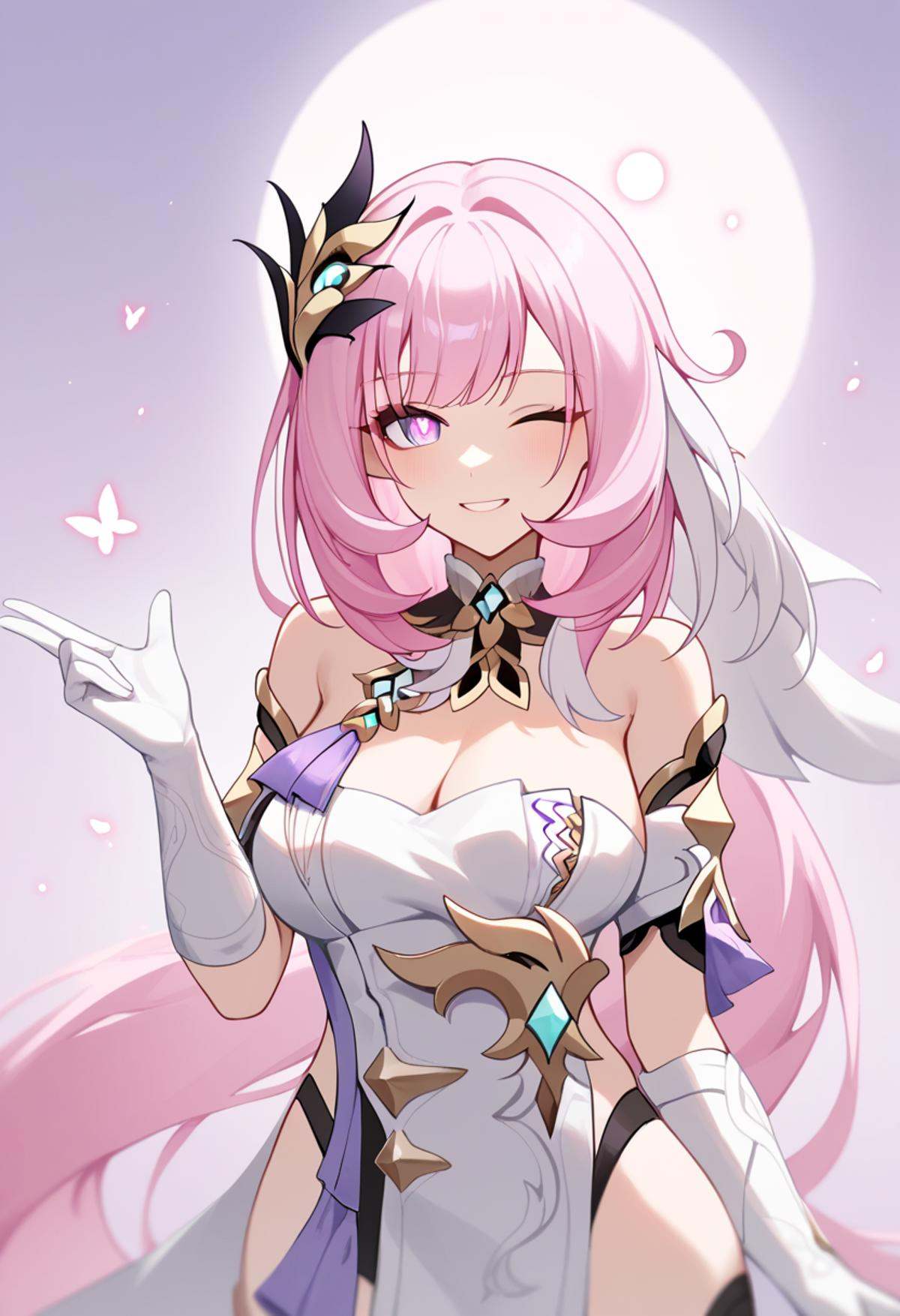 score_9,score_8_up,score_7_up,<lora:benghua3_pony:1>,1girl, elysia_\(honkai_impact\), solo, pink_hair, very_long_hair, hair_ornament, large_breasts, cleavage, absurdres, highres, :o, bare_shoulders, elf, elysia_\(herrscher_of_human:ego\)_\(honkai_impact\), english_commentary, looking_at_viewer, one_eye_closed, pink_eyes, purple_eyes, white_dress, white_gloves