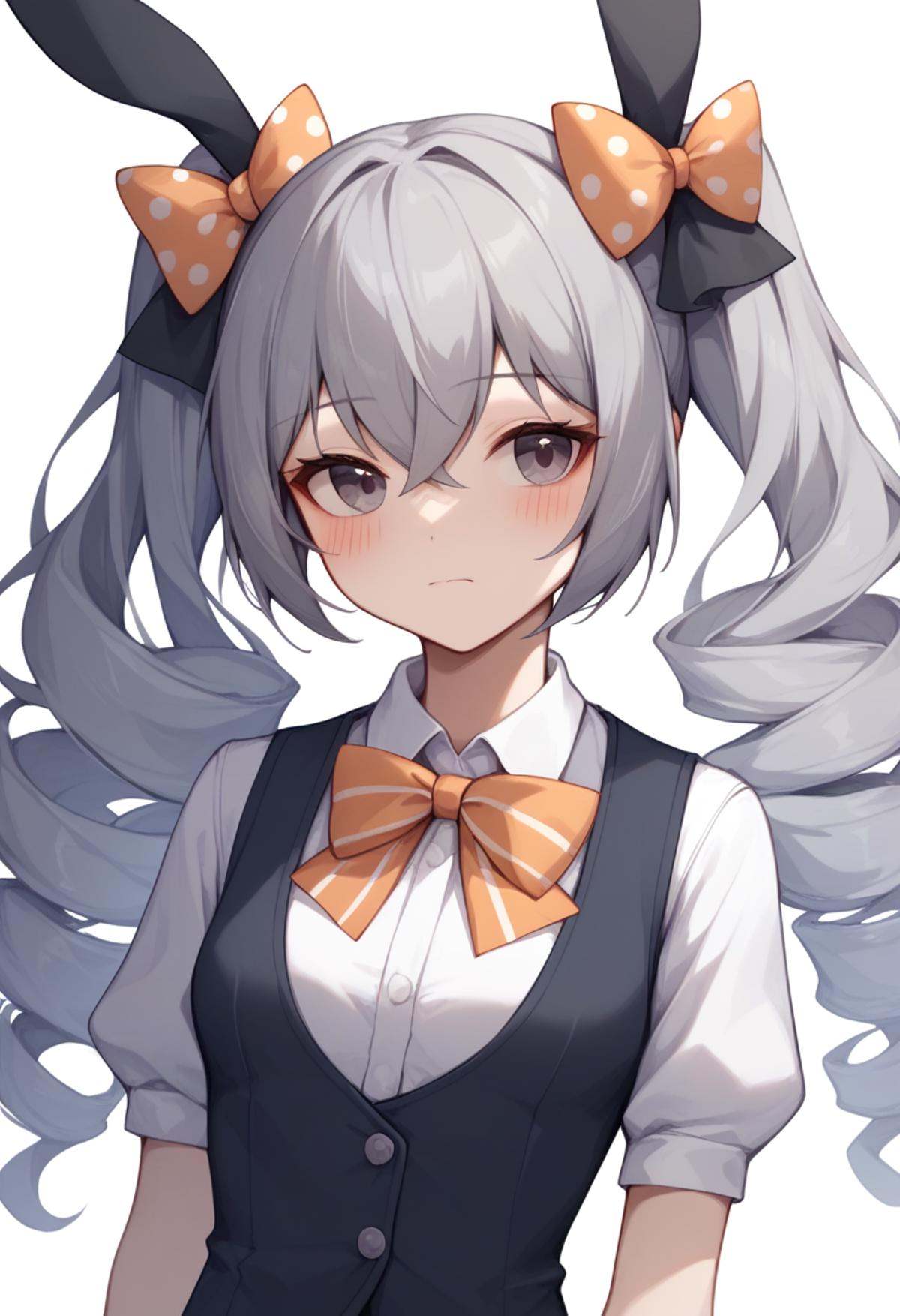 score_9,score_8_up,score_7_up,<lora:benghua3_pony:1>,1girl,bronya_zaychik,solo,upper_body,blush,grey_hair,rabbit_hair_ornament,twintails,small_breasts,vertical-striped_clothes,vertical-striped_shirt,highres,bad_id,bad_pixiv_id,black_bow,black_vest,closed_mouth,collared_shirt,commentary,hair_between_eyes,hair_bow,orange_bow,polka_dot_bow,puffy_short_sleeves,purple_eyes,simple_background,twin_drills,white_background,white_shirt,
