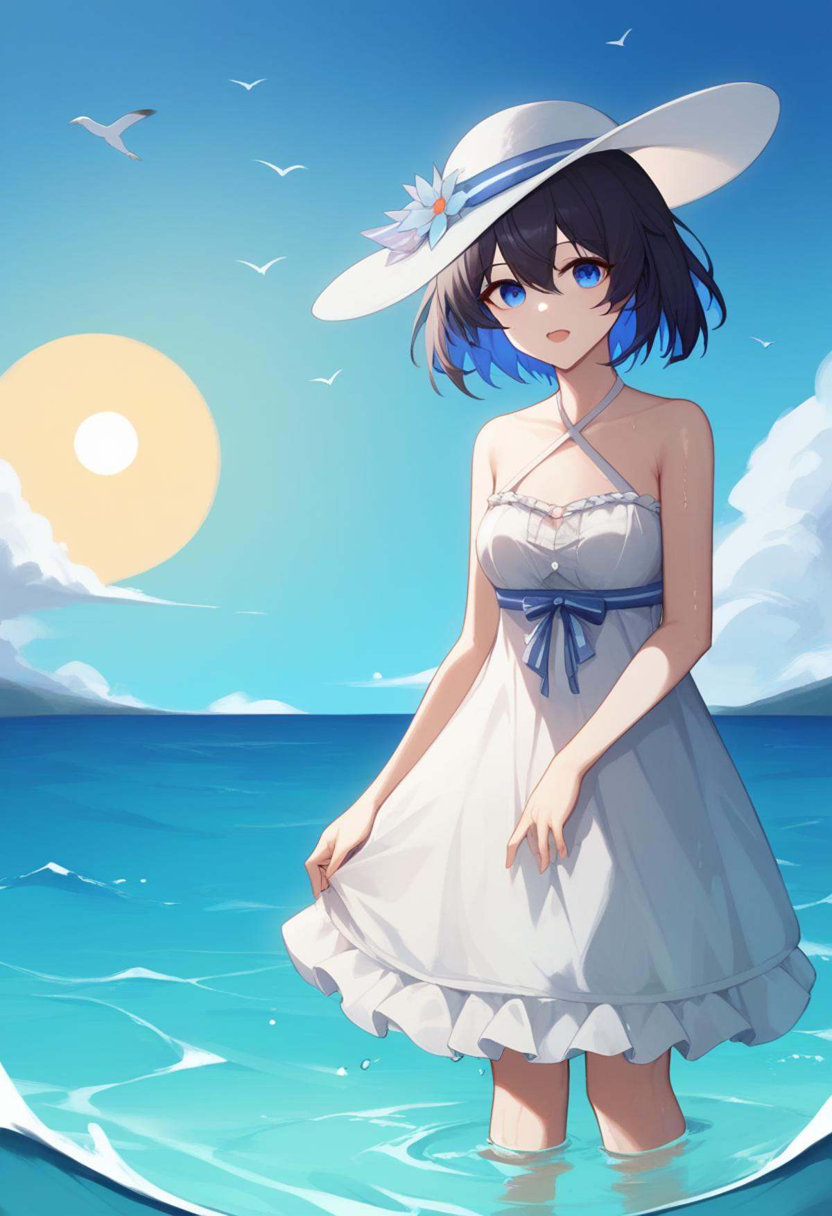 score_9,score_8_up,score_7_up,<lora:benghua3_pony:1>,1girl,seele_vollerei,solo,outdoors,standing,wading,black_hair,blue_hair,short_hair,two-tone_hair,absurdres,highres,backlighting,bare_arms,bare_shoulders,blue_eyes,blue_sky,commentary,dated,day,frilled_dress,halter_dress,looking_at_viewer,ocean,open_mouth,seagull,sleeveless_dress,sun_hat,wet_dress,white_dress,white_hat,wringing_clothes,wringing_dress,