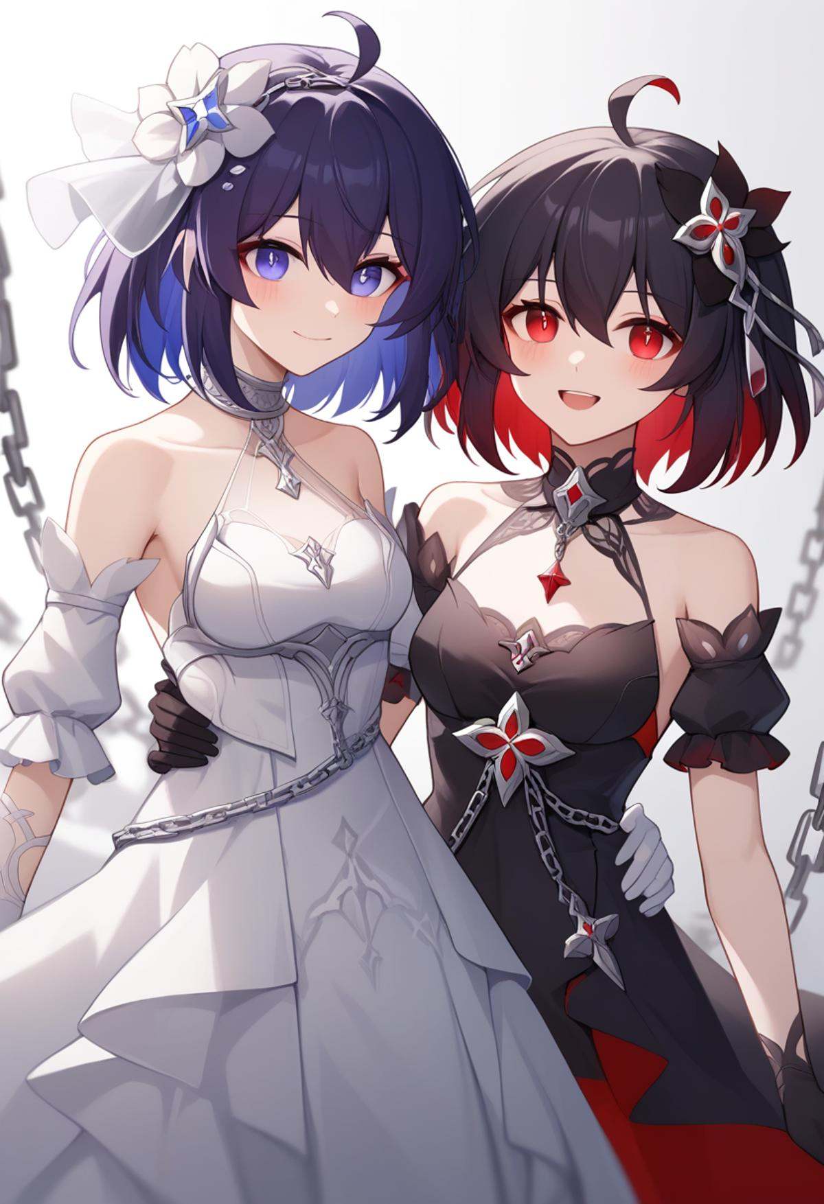 score_9,score_8_up,score_7_up,<lora:benghua3_pony:1>,2girls,seele_vollerei_\(stygian_nymph\),cowboy_shot,blush,smile,blue_hair,multicolored_hair,purple_hair,short_hair,ahoge,hair_ornament,medium_breasts,collarbone,choker,highres,+_+,:o,bare_shoulders,black_dress,black_gloves,chain,closed_mouth,dark_persona,detached_sleeves,elbow_gloves,hair_between_eyes,hand_on_another's_arm,keyhole,photoshop_\(medium\),puffy_short_sleeves,purple_eyes,red_eyes,seele_\(alter_ego\),upper_teeth_only,white_dress,white_gloves,