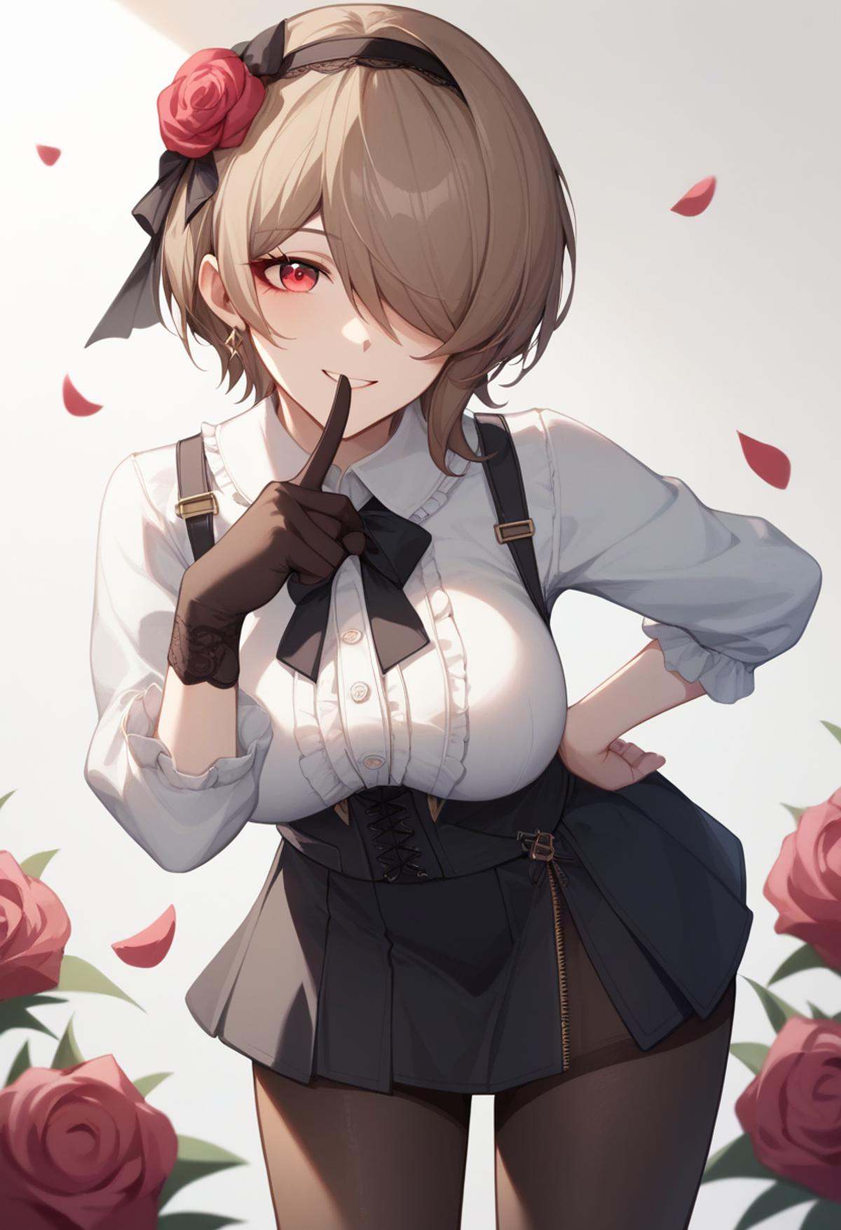 score_9,score_8_up,score_7_up,<lora:benghua3_pony:1>,1girl, rita_rossweisse, solo, smile, brown_hair, short_hair, hairband, large_breasts, absurdres, highres, black_pantyhose, black_skirt, blouse, center_frills, drawstring, hair_over_one_eye, half_gloves, index_finger_raised, leaning_forward, long_sleeves, looking_at_viewer, miniskirt, mole_under_eye, photoshop_\(medium\), pink_rose, red_eyes, simple_background, single_glove, white_background, white_shirt, zipper