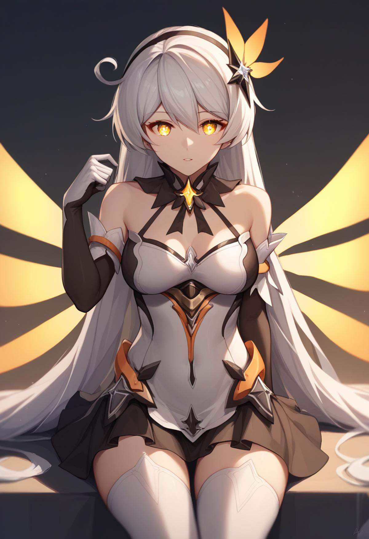 score_9,score_8_up,score_7_up,<lora:benghua3_pony:1>,1girl, kiana_kaslana_\(herrscher_of_the_void\), solo, sitting, very_long_hair, white_hair, sidelocks, hair_ornament, large_breasts, medium_breasts, thighhighs, jewelry, spear, absurdres, depth_of_field, highres, armored_dress, bare_shoulders, commentary_request, dark_persona, diamond-shaped_pupils, elbow_gloves, energy_wings, floating_weapon, fur-trimmed_dress, hair_between_eyes, hand_on_own_head, light_particles, looking_at_viewer, parted_lips, snapping_fingers, yellow_eyes