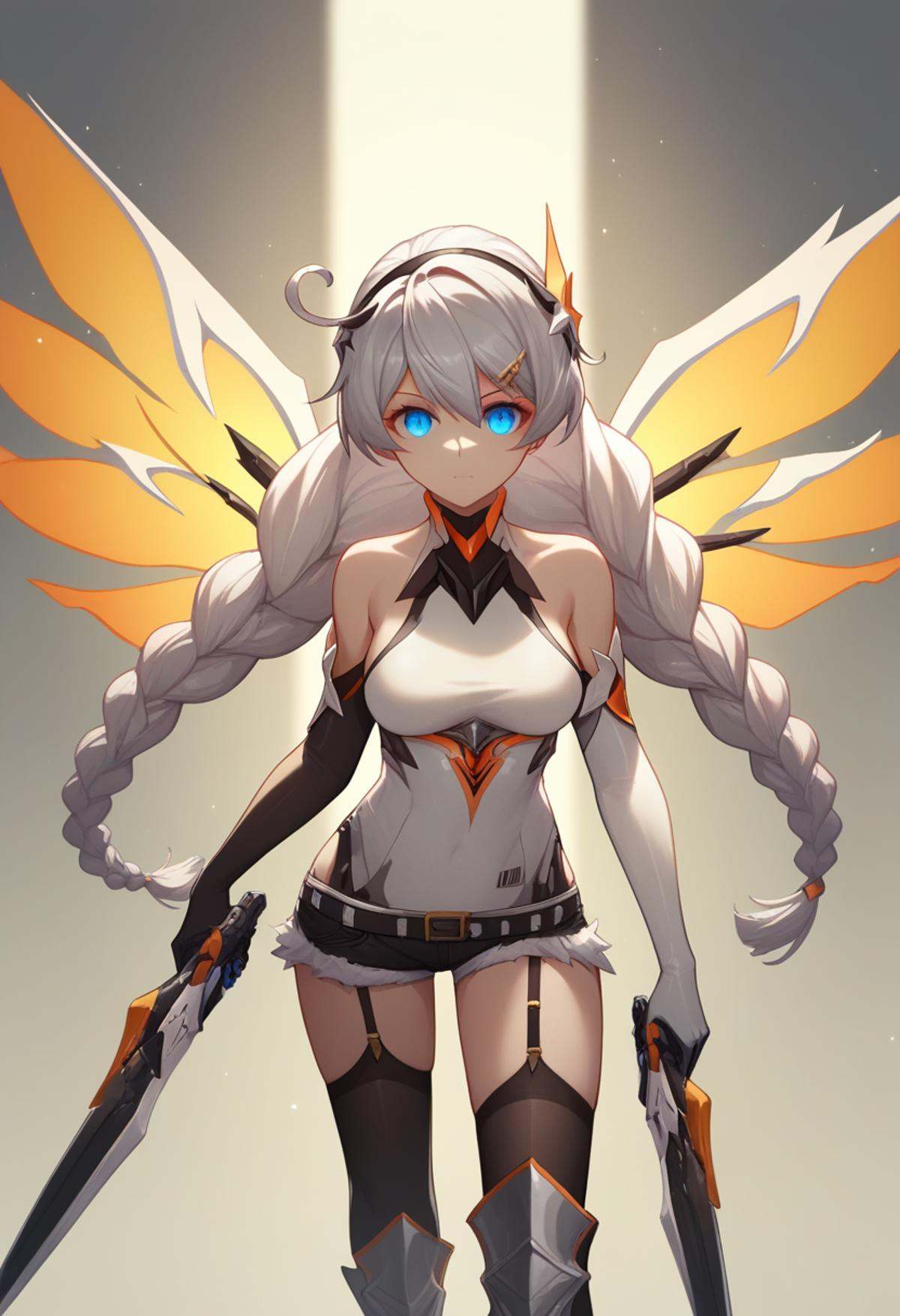 score_9,score_8_up,score_7_up,<lora:benghua3_pony:1>,1girl,kiana_kaslana_\(knight_moonbeam\),solo,walking,grey_hair,very_long_hair,hairclip,medium_breasts,highres,bare_shoulders,black_thighhighs,blue_eyes,dual_wielding,elbow_gloves,energy_wings,garter_straps,greaves,hair_between_eyes,handgun,headgear,looking_at_viewer,shaded_face,short_shorts,symbol-only_commentary,twin_braids,