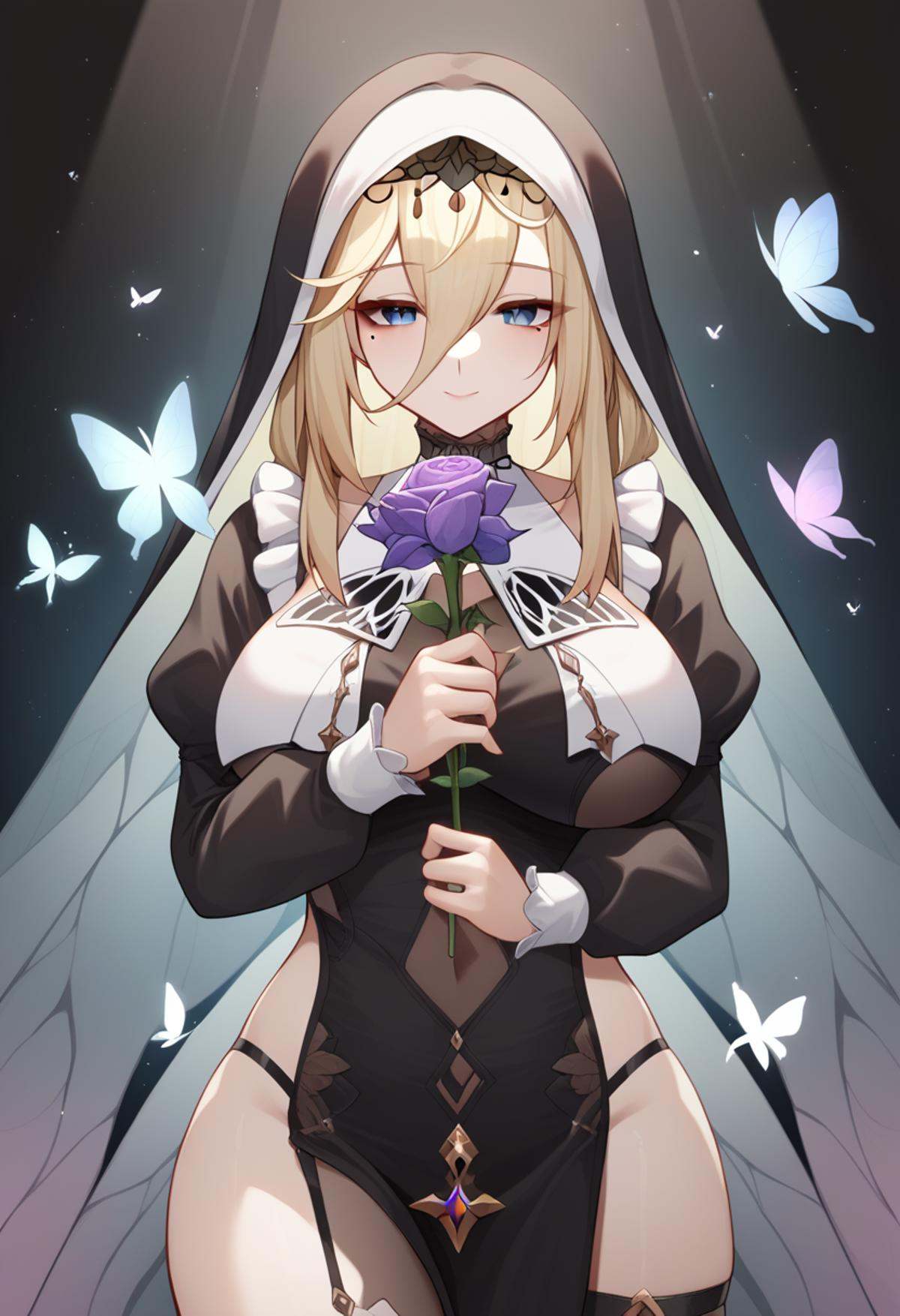 score_9,score_8_up,score_7_up,<lora:honkai_impact_3rd_v1:0.8>,1girl, absurdres, aponia_\(honkai_impact\), black_background, black_dress, blonde_hair, blue_eyes, breasts, broken_glass, bug, butterfly, butterfly_wings, chinese_commentary, closed_mouth, commentary_request, dress, flower, frills, glass, hair_between_eyes, highres, holding, holding_flower, insect_wings, large_breasts, light_particles, long_bangs, long_hair, long_sleeves, looking_at_viewer, mole, mole_under_eye, nun, pelvic_curtain, purple_flower, reflection, rose, smile, solo, thigh_strap, upper_body, veil, wings