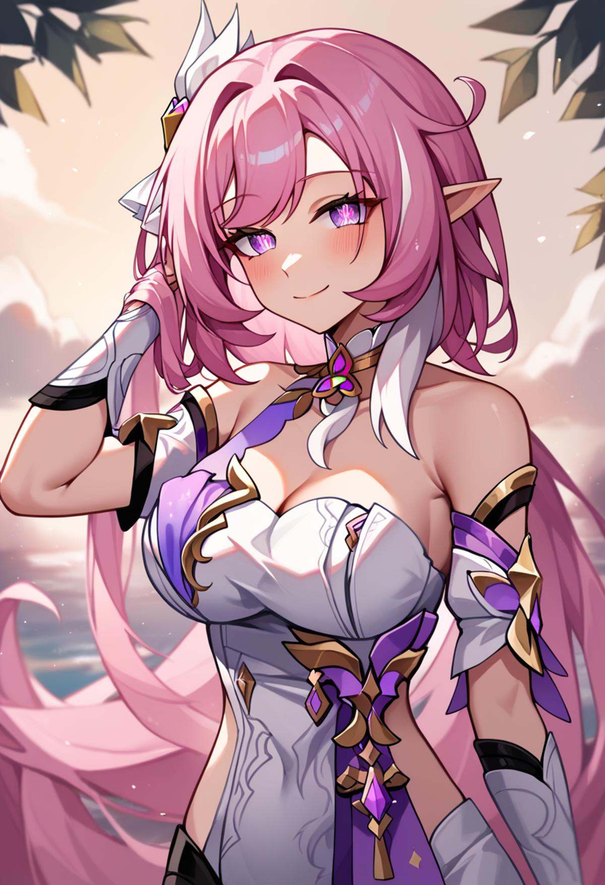 score_9,score_8_up,score_7_up,<lora:honkai_impact_3rd_v1:0.8>,1girl, bare_shoulders, blush, cleavage, closed_mouth, commentary, diamond-shaped_pupils, elysia_\(herrscher_of_human:ego\)_\(honkai_impact\), elysia_\(honkai_impact\), hair_ornament, hand_in_own_hair, highres, holding_own_hair, large_breasts, looking_at_viewer, outdoors, pink_eyes, pink_hair, smile, solo, very_long_hair, white_gloves, wings