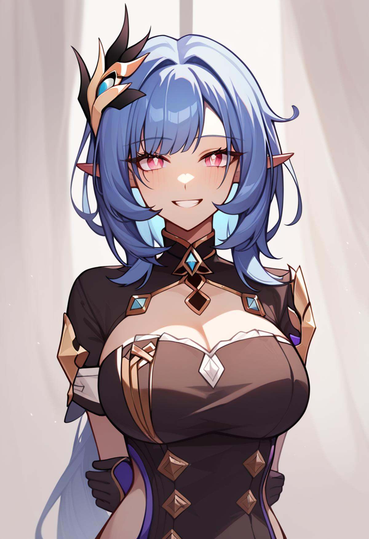 score_9,score_8_up,score_7_up,<lora:honkai_impact_3rd_v1:0.8>,1girl,absurdres,arms_behind_back,black_shirt,blue_hair,elbow_gloves,elysia_\(honkai_impact\),elysia_\(miss_pink_elf\)_\(honkai_impact\),grin,hair_ornament,herrscher_of_corruption,highres,large_breasts,long_hair,looking_at_viewer,official_alternate_costume,pointy_ears,red_eyes,shrug_\(clothing\),solo,upper_body,yellow_pupils,