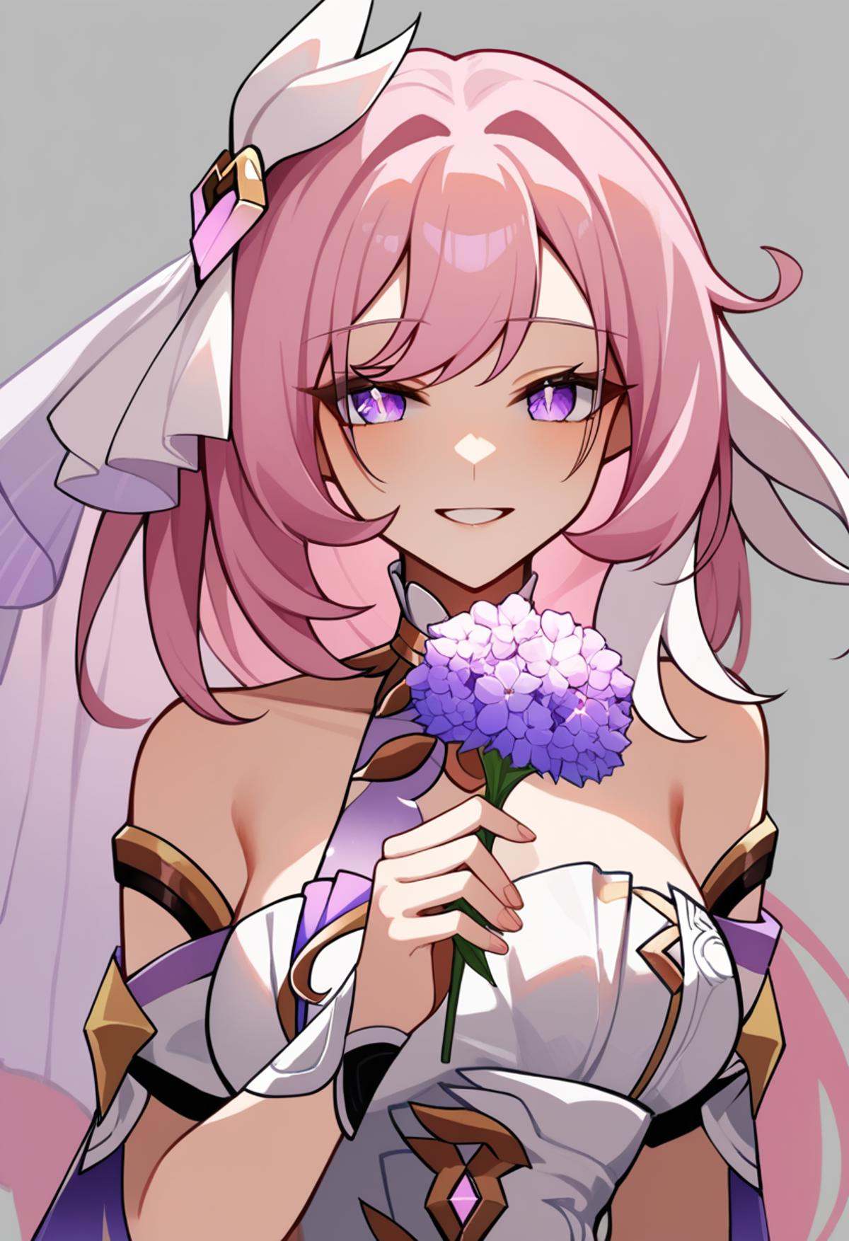 score_9,score_8_up,score_7_up,<lora:honkai_impact_3rd_v1:0.8>,1girl, bare_shoulders, collarbone, commentary_request, elysia_\(herrscher_of_human:ego\)_\(honkai_impact\), elysia_\(honkai_impact\), eyebrows_hidden_by_hair, grey_background, hair_between_eyes, hand_up, highres, holding_flower, long_hair, looking_at_viewer, medium_breasts, parted_lips, pink_hair, purple_eyes, purple_flower, simple_background, smile, solo, upper_body, white_background, white_dress