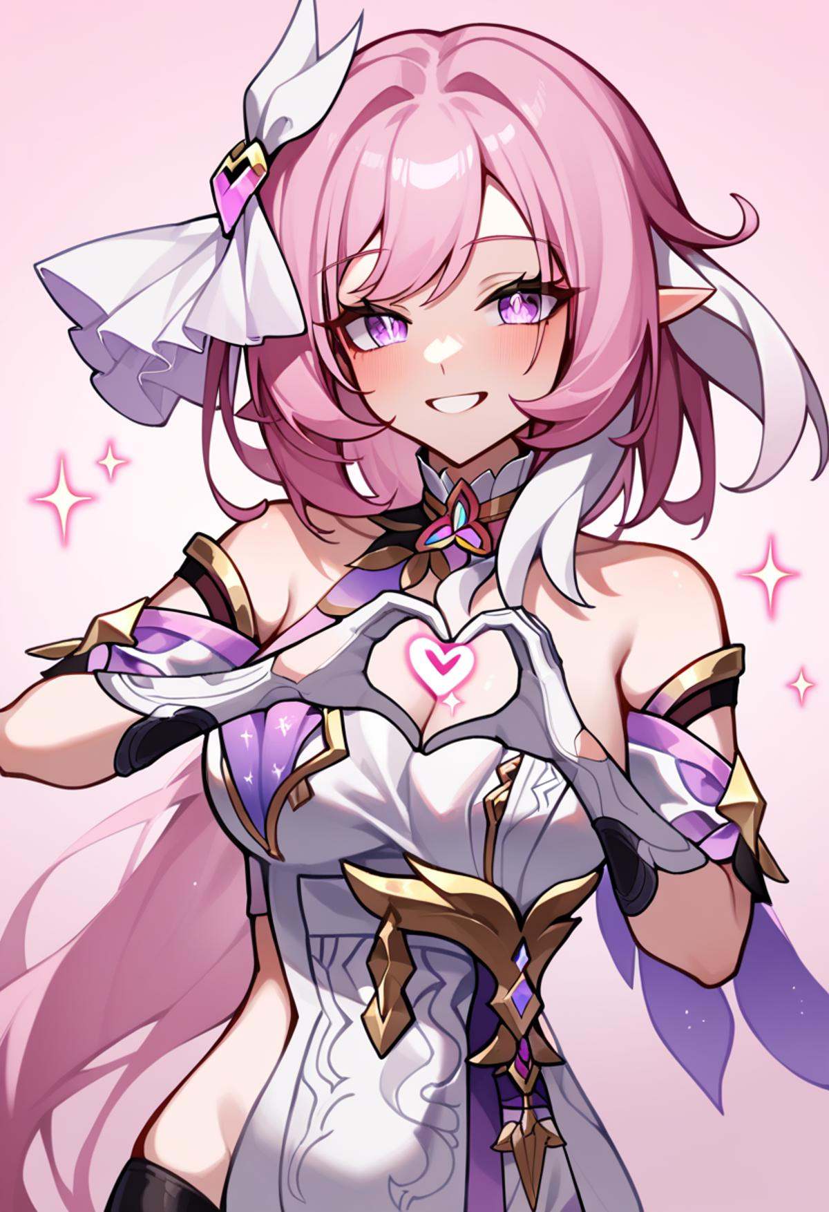 score_9,score_8_up,score_7_up,<lora:honkai_impact_3rd_v1:0.8>,1girl,bare_shoulders,elysia_\(herrscher_of_human:ego\)_\(honkai_impact\),elysia_\(honkai_impact\),gradient_background,gradient_eyes,heart_hands,highres,large_breasts,long_hair,looking_at_viewer,pink_eyes,pink_hair,smile,solo,sparkle,white_dress,white_gloves,