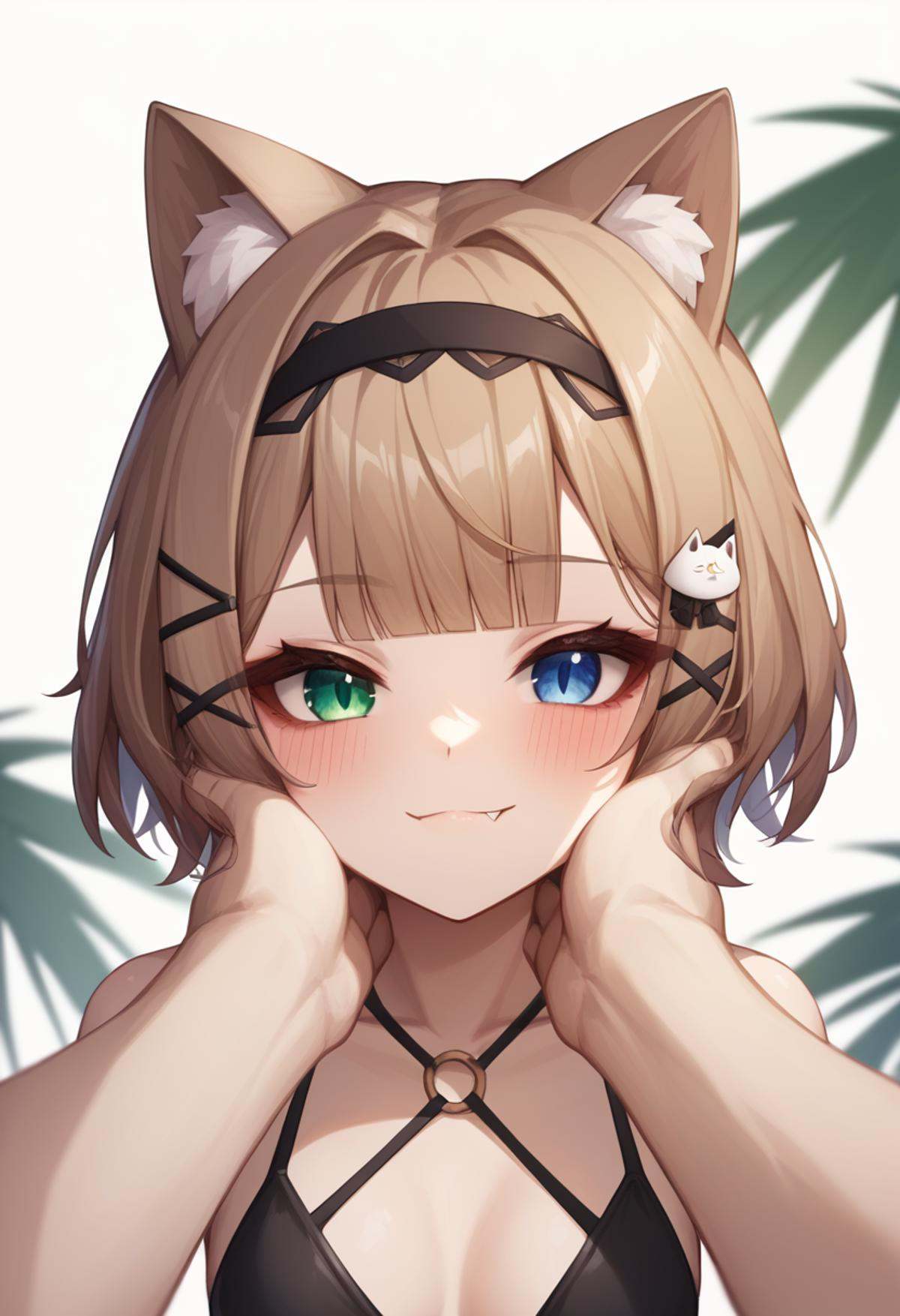 score_9,score_8_up,score_7_up,<lora:honkai_impact_3rd_v1:0.8>,1girl, 1other, absurdres, animal_ears, bikini, black_bikini, black_hairband, blue_eyes, blunt_bangs, blush, brown_hair, cat_ears, chin_on_palm_challenge, closed_mouth, fang, fang_out, green_eyes, hair_ornament, hairband, heterochromia, highres, looking_at_viewer, pardofelis_\(honkai_impact\), pov, pov_hands, short_hair, swimsuit, upper_body, white_background