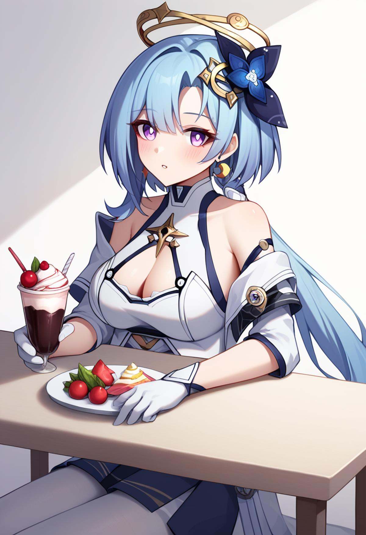 score_9,score_8_up,score_7_up,<lora:honkai_impact_3rd_v1:0.8>,1girl, absurdres, arm_rest, asymmetrical_bangs, bare_shoulders, blue_hair, blush, breasts, cherry, chinese_commentary, cleavage, cleavage_cutout, clothing_cutout, commentary, crescent, crescent_earrings, cup, d:, detached_sleeves, double_halo, dress, earrings, flower, food, from_side, fruit, gloves, gradient_background, griseo, griseo_\(cosmic_expression\), hair_flower, hair_ornament, halo, highres, holding, holding_stylus, ice_cream, jewelry, large_breasts, leaning_on_table, long_hair, looking_at_viewer, looking_to_the_side, low_ponytail, pantyhose, parted_lips, print_skirt, purple_eyes, short_dress, shoulder_blush, sideways_glance, simple_background, sitting, skirt, sleeveless, sleeveless_dress, solo, stylus, sundae, table, tablet_pc, white_background, white_gloves, white_pantyhose, white_sleeves