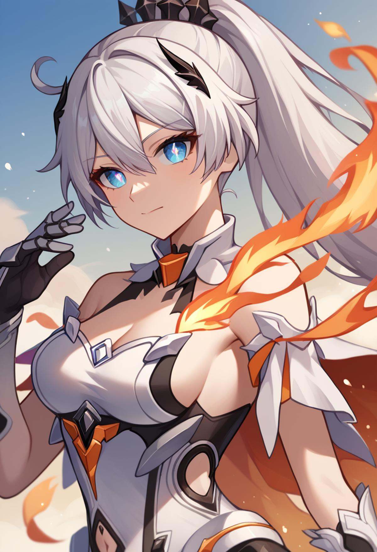 score_9,score_8_up,score_7_up,<lora:honkai_impact_3rd_v1:0.8>,1girl,absurdres,armpits,bare_shoulders,black_gloves,blue_eyes,breasts,bright_pupils,capelet,chinese_commentary,cleavage,closed_mouth,clothing_cutout,commentary_request,diamond-shaped_pupils,diamond_\(shape\),dress,feather_hair,fire,gauntlets,gloves,hair_between_eyes,hair_intakes,hand_up,high_ponytail,highres,kiana_kaslana,kiana_kaslana_\(herrscher_of_flamescion\),looking_at_viewer,medium_breasts,midriff,multicolored_hair,sideboob,solo,stomach_cutout,streaked_hair,symbol-shaped_pupils,upper_body,white_capelet,white_dress,white_gloves,white_hair,white_pupils,