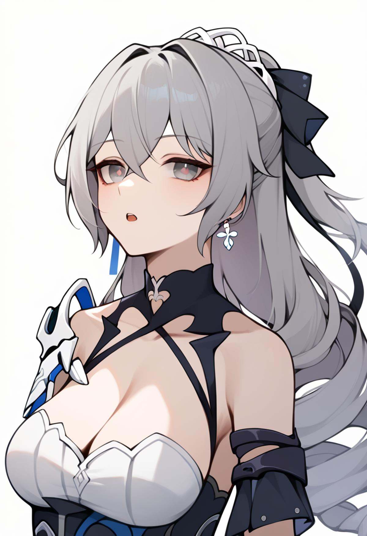 score_9,score_8_up,score_7_up,<lora:honkai_impact_3rd_v1:1>,1girl,:o,absurdres,bare_shoulders,bronya_zaychik_\(silverwing:_n-ex\),chinese_commentary,cleavage,earrings,grey_eyes,grey_hair,hair_bow,highres,long_hair,looking_at_viewer,open_mouth,simple_background,single_sleeve,solo,white_background,white_dress,