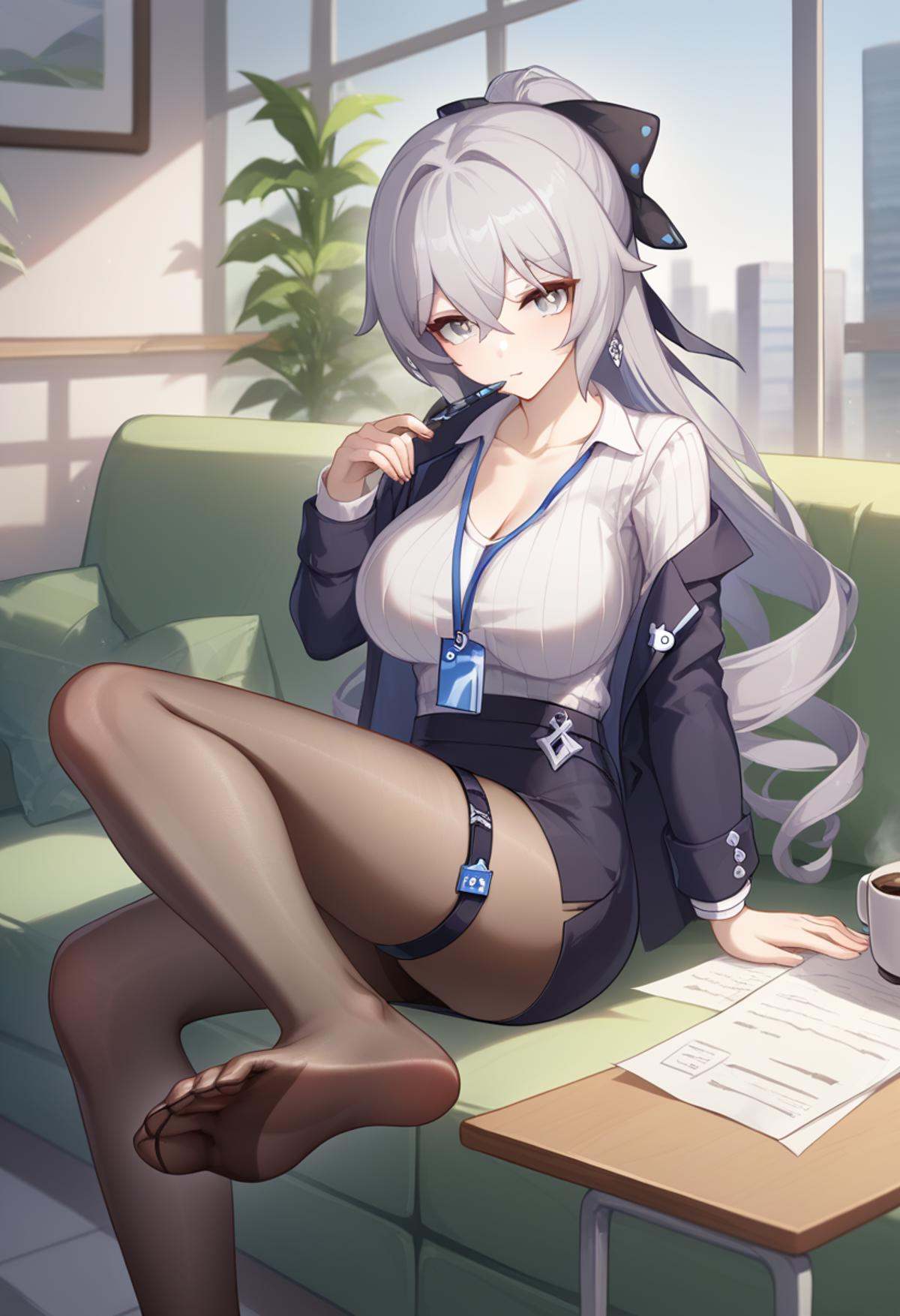 score_9,score_8_up,score_7_up,<lora:honkai_impact_3rd_v1:0.8>,1girl, absurdres, black_bow, black_jacket, black_pantyhose, black_skirt, bow, breasts, bronya_zaychik, bronya_zaychik_\(outstanding_attitude\)_\(honkai_impact\), bronya_zaychik_\(silverwing:_n-ex\), building, chibi, chibi_inset, chinese_commentary, cityscape, cleavage, coffee_mug, collarbone, commentary, couch, cup, feet, grey_hair, hair_bow, highres, holding, holding_paper, holding_pen, indoors, jacket, lanyard, large_breasts, long_hair, mug, no_shoes, office_lady, official_alternate_costume, official_art_inset, open_clothes, open_jacket, pantyhose, paper, pen, pen_to_mouth, ribbed_shirt, seele_vollerei, seele_vollerei_\(stygian_nymph\), shirt, sitting, skirt, soles, solo, thigh_strap, toes, white_shirt, window