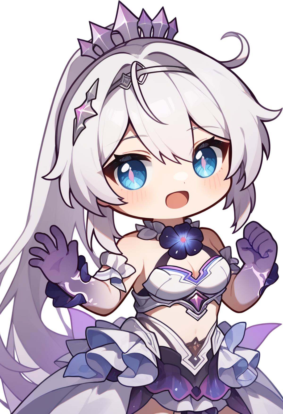 score_9,score_8_up,score_7_up,<lora:honkai_impact_3rd_v1:0.8>,1girl, antenna_hair, chibi, crown, flower_clothes, high_ponytail, kiana_kaslana_\(herrscher_of_finality\), long_hair, neck_flower, open_mouth, purple_hands, solo, transparent_background, white_armor, white_dress, white_hair